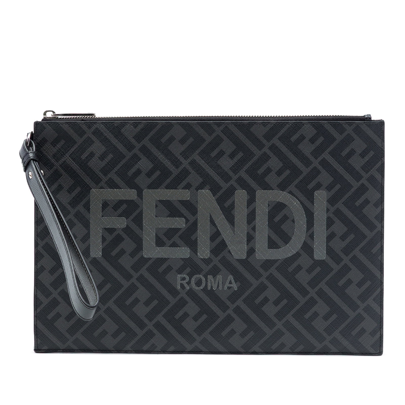 Fendi Zucca FF 1974 Diagonal Logo Flat Wristlet Pouch: Fendi Zucca FF 1974 Diagonal Logo Flat Wristlet Pouch A Fendi Zucca coated canvas FF 1974 diagonal logo flat pouch with a streamlined clutch silhouette. It features a coated canvas body, a flat leathe