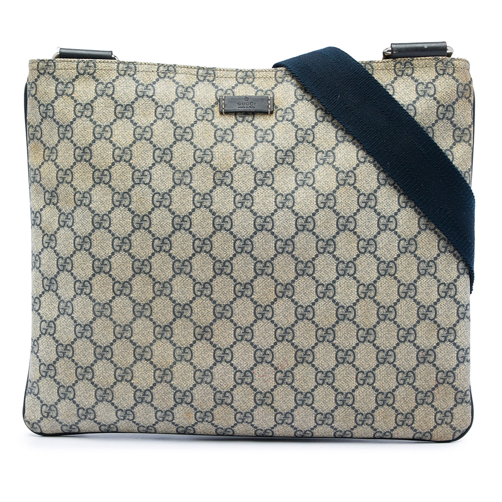 Gucci GG Supreme coated canvas crossbody bag with leather trim: Gucci GG Supreme coated canvas crossbody bag with leather trim Gucci GG Supreme Crossbody bag in beige with a coated canvas body and leather trim. It features an adjustable flat shoulder strap, a top 