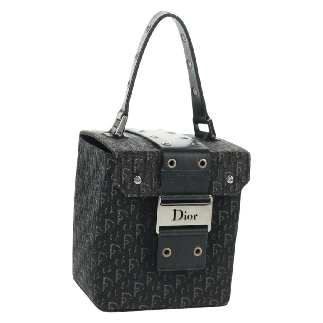 Black Trotter Canvas Vanity Handbag by Christian Dior with Silver Accents: Black Trotter Canvas Vanity Handbag by Christian Dior with Silver Accents This Christian Dior vanity handbag features the iconic Trotter canvas in black and silver tones. The compact design includes a