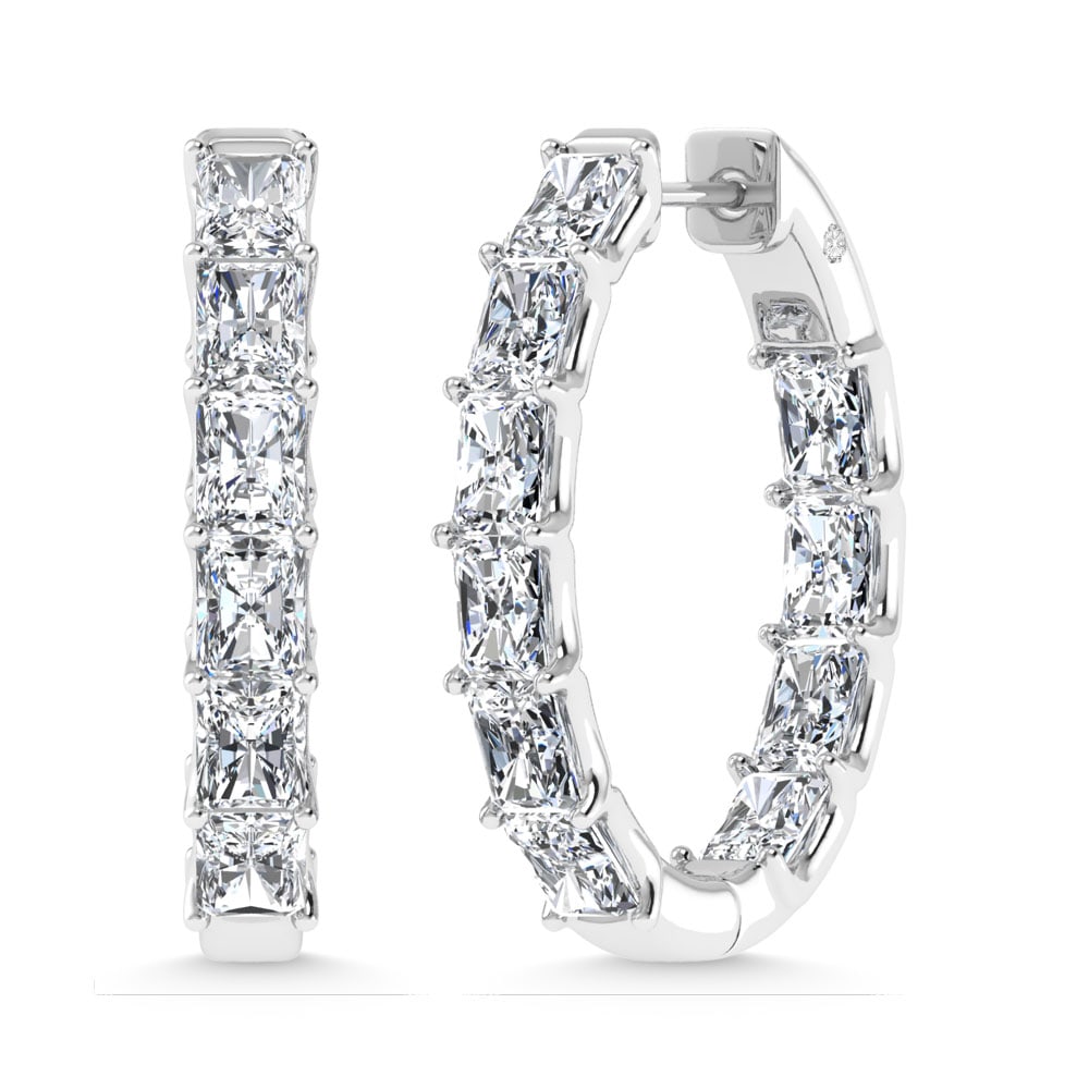 14K White Gold 8 Ct.Tw. Lab Grown Diamond In and Out Vertical Radiant Shape Hoop Earring: 14K White Gold 8 Ct.Tw. Lab Grown Diamond In and Out Vertical Radiant Shape Hoop Earring Statement 14K white gold hoops featuring 8 Ct.Tw. lab-grown diamonds in vertical radiant shape. 14k White Gold 