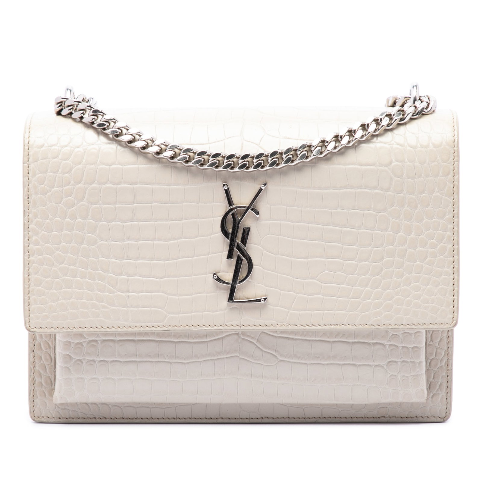 Saint Laurent Sunset Medium White Croc Embossed Leather Crossbody Bag: Saint Laurent Sunset Medium White Croc Embossed Leather Crossbody Bag A Saint Laurent Medium Sunset crossbody crafted in white croc-embossed leather. This bag features a curb chain link strap with a l