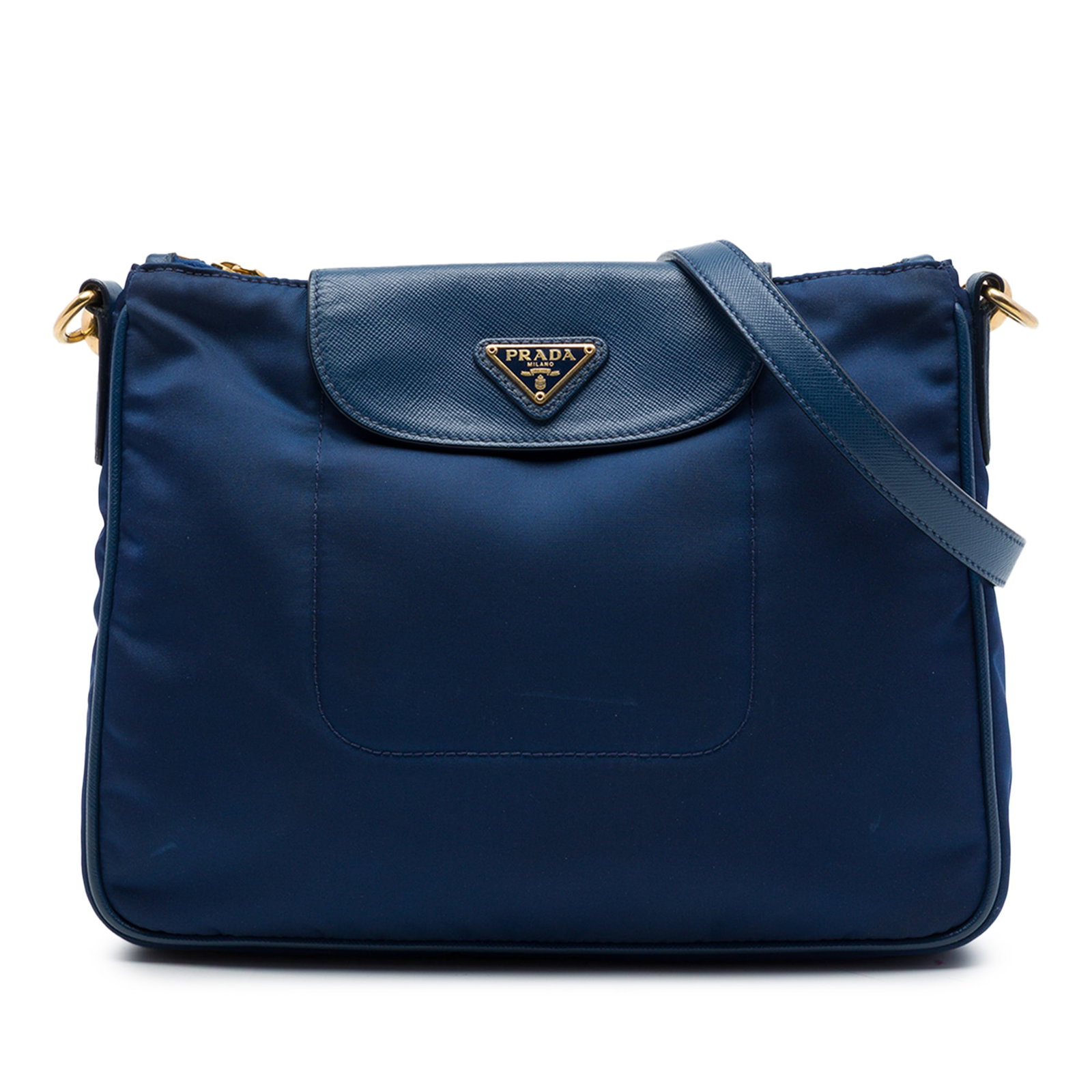 Prada Tessuto Crossbody Bag Blue Nylon with Saffiano Leather Trim: Prada Tessuto Crossbody Bag Blue Nylon with Saffiano Leather Trim Prada Saffiano Trimmed Tessuto Crossbody in blue with a nylon body and saffiano leather trim. The bag features an adjustable and detac