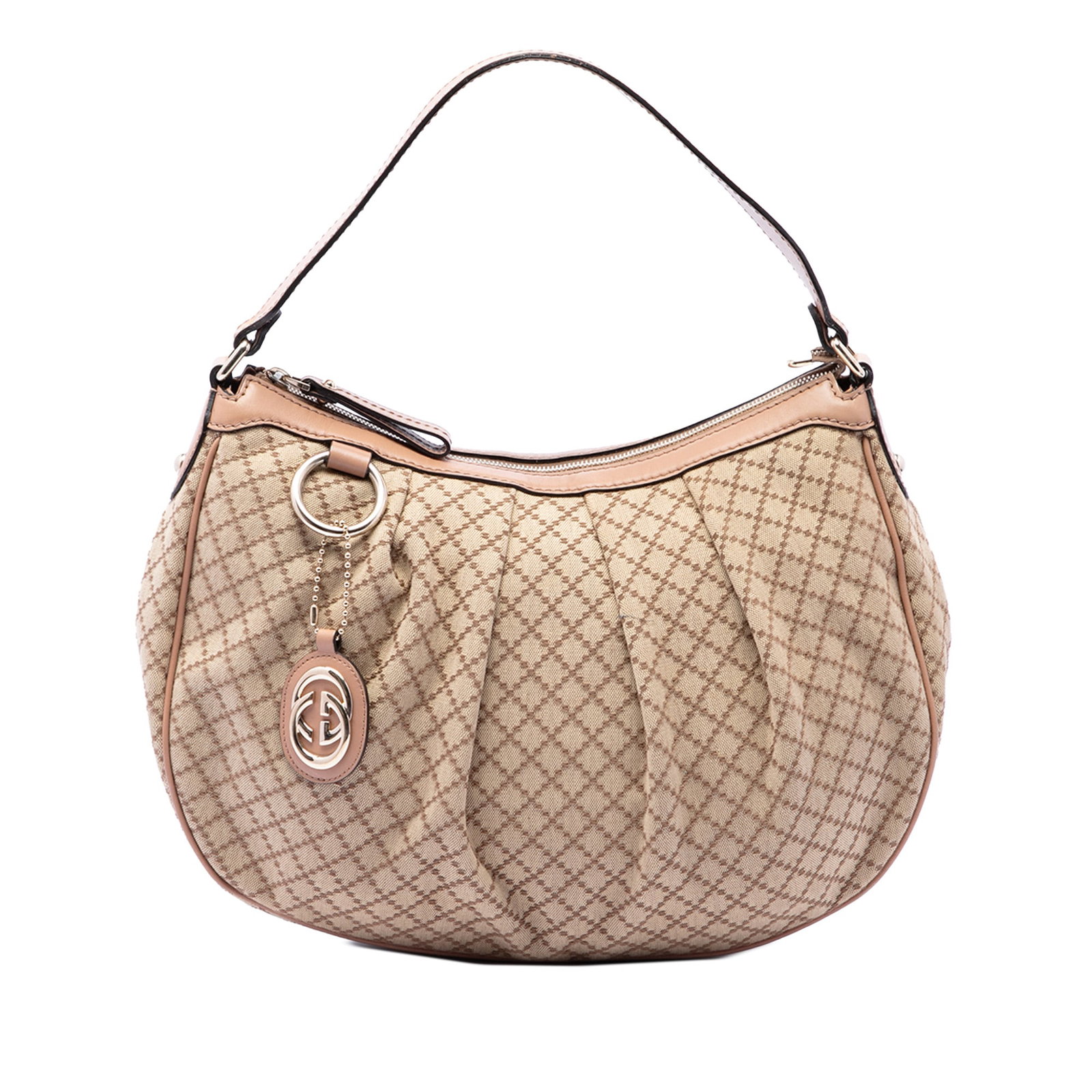 Gucci Sukey Shoulder Bag in Diamante Canvas with Leather Trim: Gucci Sukey Shoulder Bag in Diamante Canvas with Leather Trim Gucci Sukey shoulder bag in beige Diamante canvas with leather trim and a flat leather shoulder strap. The bag features a top zip closure 