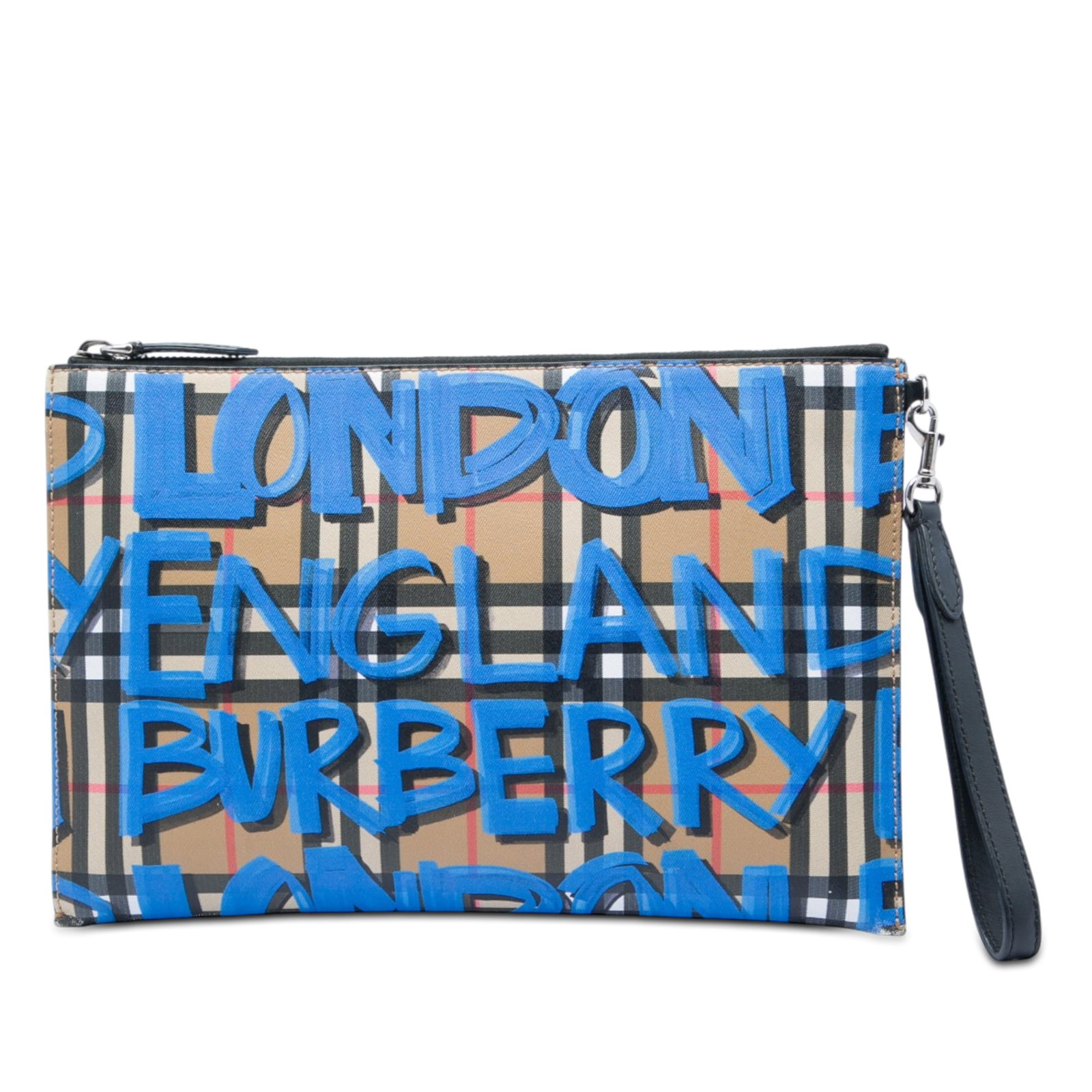 Burberry House Check Graffiti canvas wristlet clutch bag: Burberry House Check Graffiti canvas wristlet clutch bag Burberry House Check Canvas Graffiti Zip Pouch in beige fabric with a printed canvas body, flat leather wristlet strap, top zip closure, and in