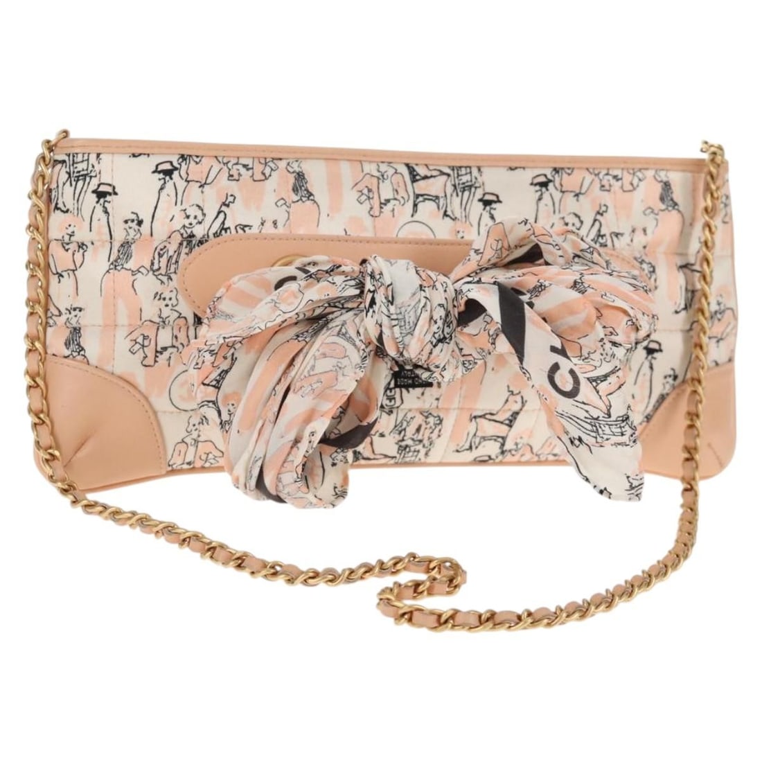 CHANEL Pink Silk Chain Strap Shoulder Bag with CC: CHANEL Pink Silk Chain Strap Shoulder Bag with CC Authentic CHANEL chain shoulder bag in pink and gold silk. This women's shoulder bag is made in France and includes a dust bag and guarantee card. Con