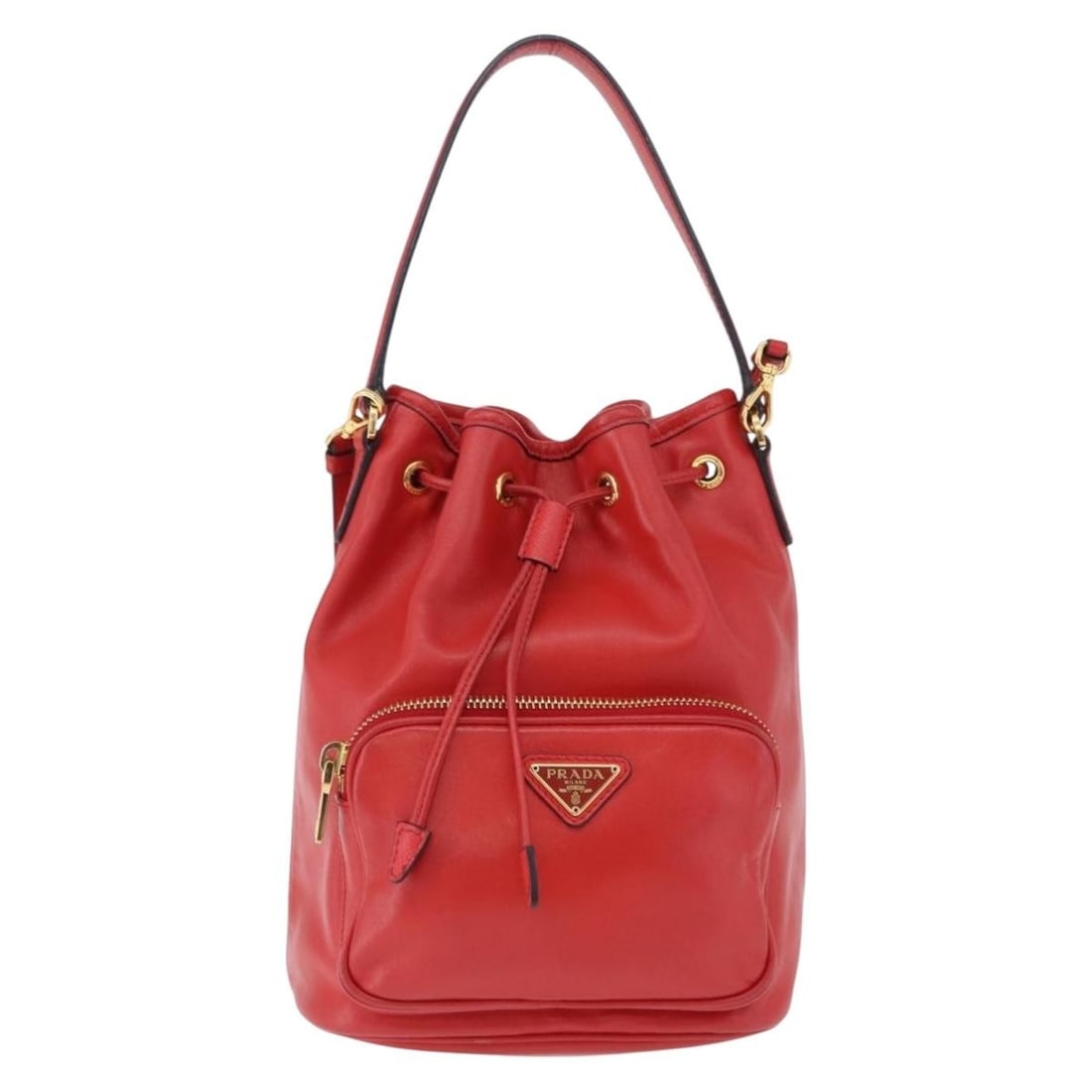 Prada Drawstring Pocket Bucket Leather Handbag Red (1 of 18)