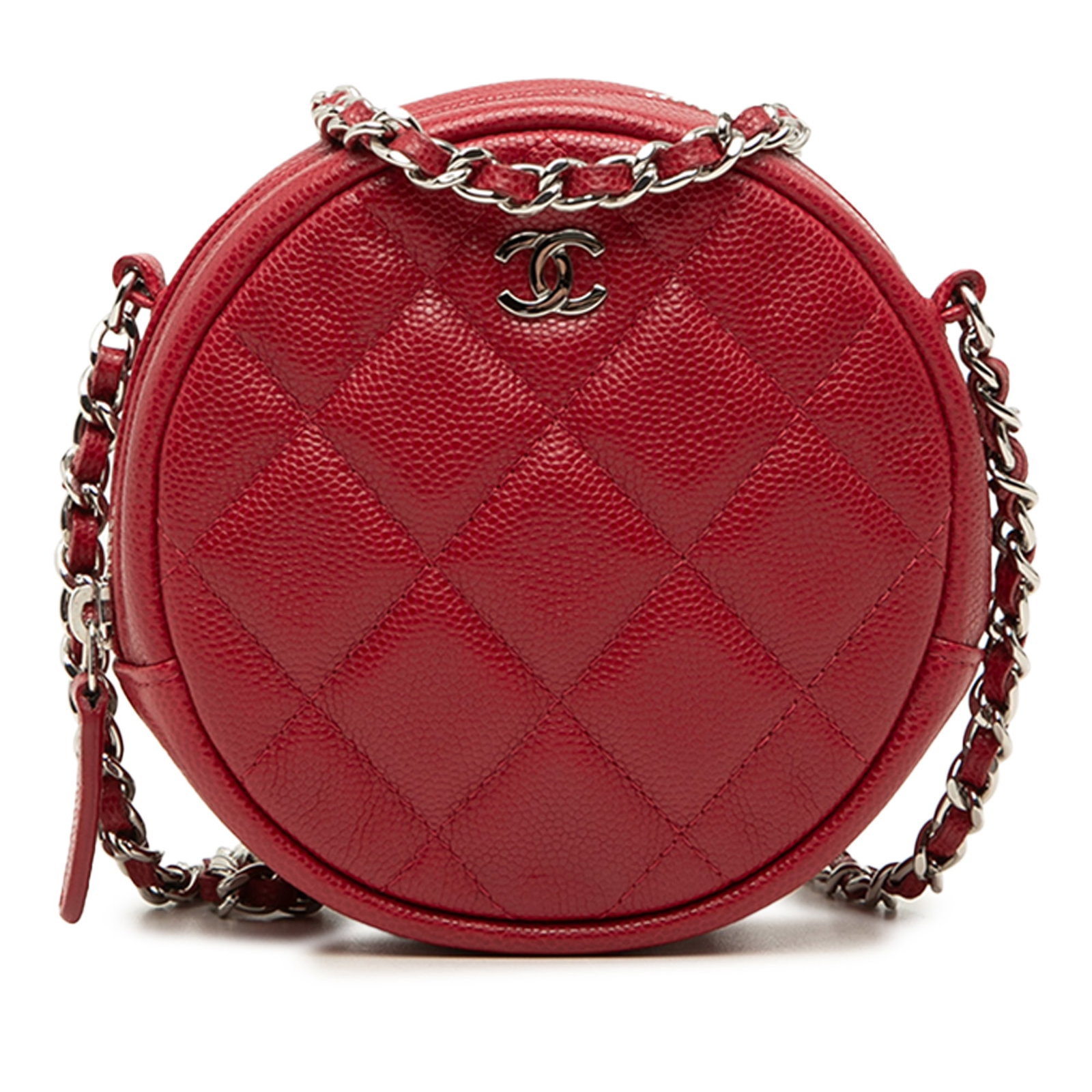 Chanel Round Clutch With Chain Quilted Red Caviar Leather: Chanel Round Clutch With Chain Quilted Red Caviar Leather Round Chanel clutch crafted in red quilted caviar leather with a leather-woven chain strap. The design features a top zip closure and interior