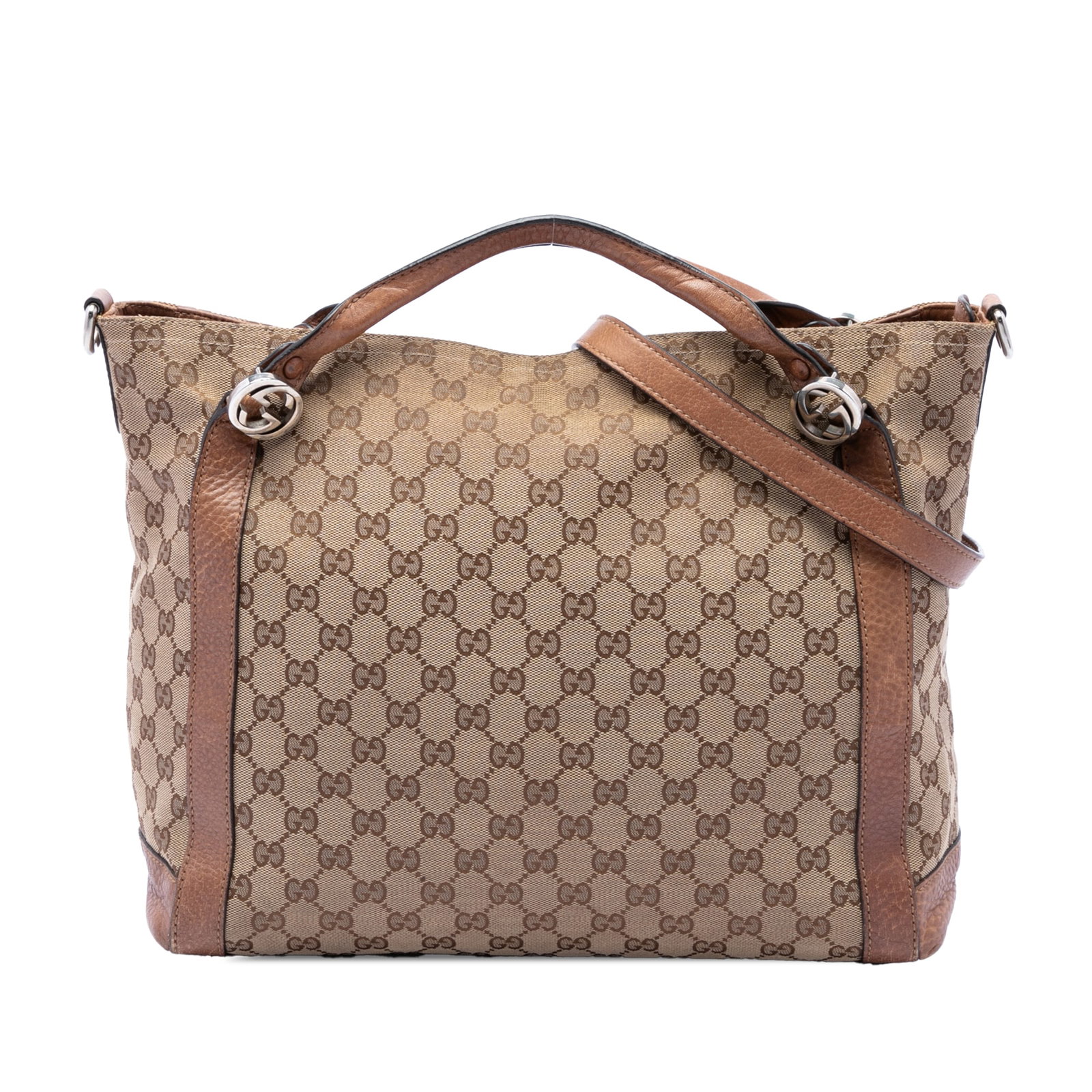 Gucci Miss GG Medium Canvas Satchel Beige Leather Trim: Gucci Miss GG Medium Canvas Satchel Beige Leather Trim A Gucci Medium GG Canvas Miss GG satchel made in Italy, featuring a beige canvas body with leather trim, rolled leather handles, a detachable fla