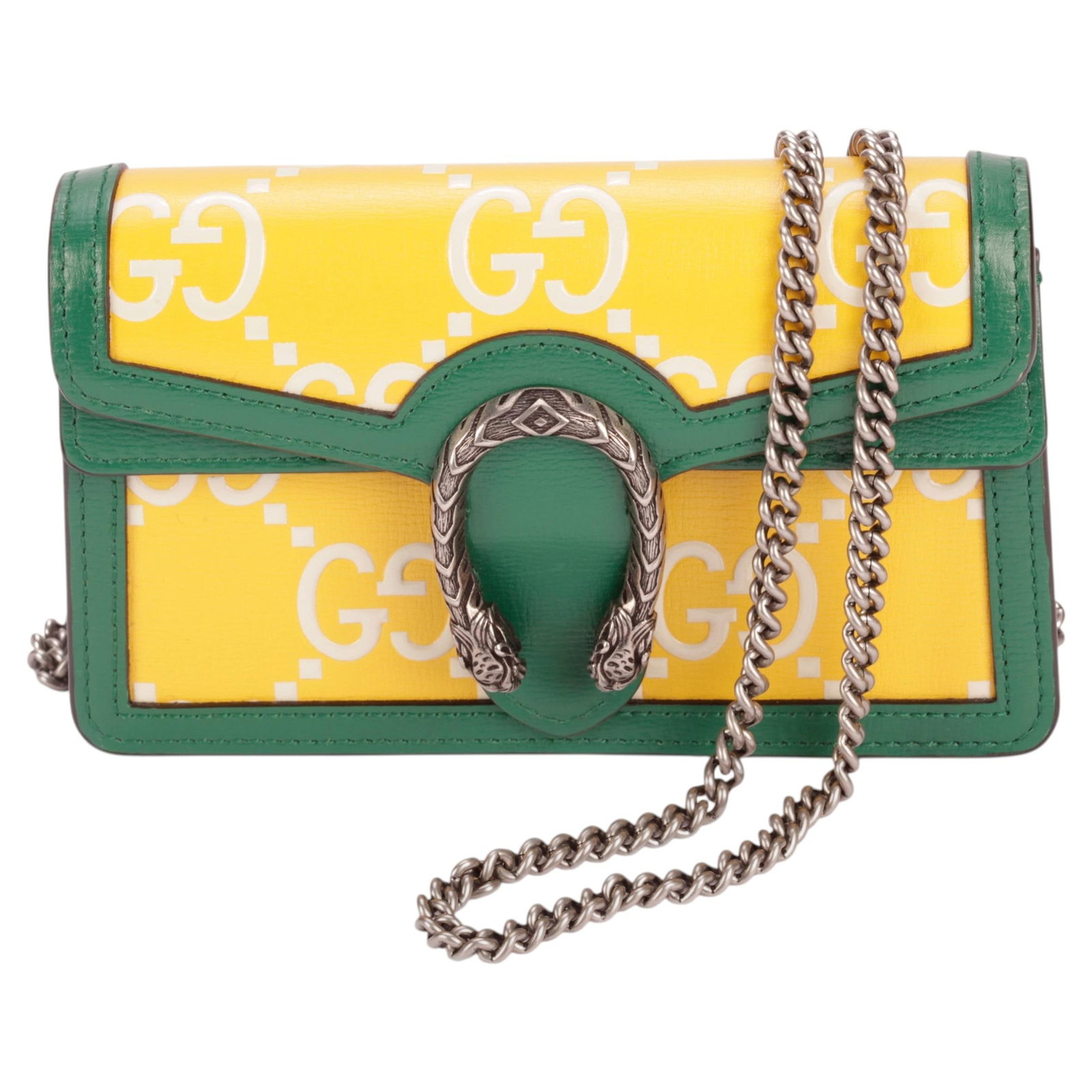 Gucci Dionysus GG Canvas Shoulder Bag with Box Dust Cover: Gucci Dionysus GG Canvas Shoulder Bag with Box Dust Cover Gucci GG Dionysus shoulder bag in yellow and green embossed GG canvas, featuring the signature Dionysus tiger head closure and a chain link sh