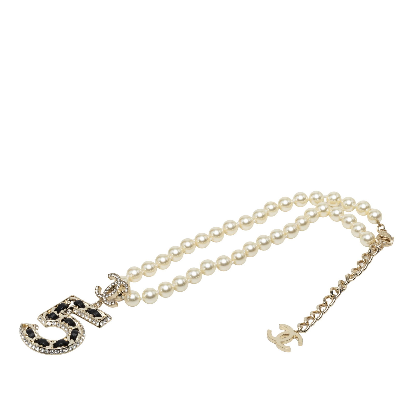Chanel No 5 CC Pendant Necklace Gold Plated Faux Pearl Strass: Chanel No 5 CC Pendant Necklace Gold Plated Faux Pearl Strass Chanel CC No. 5 pendant necklace with a gold plated metal body, faux pearl chain, leather woven pendant, crystal details, and lobster clas