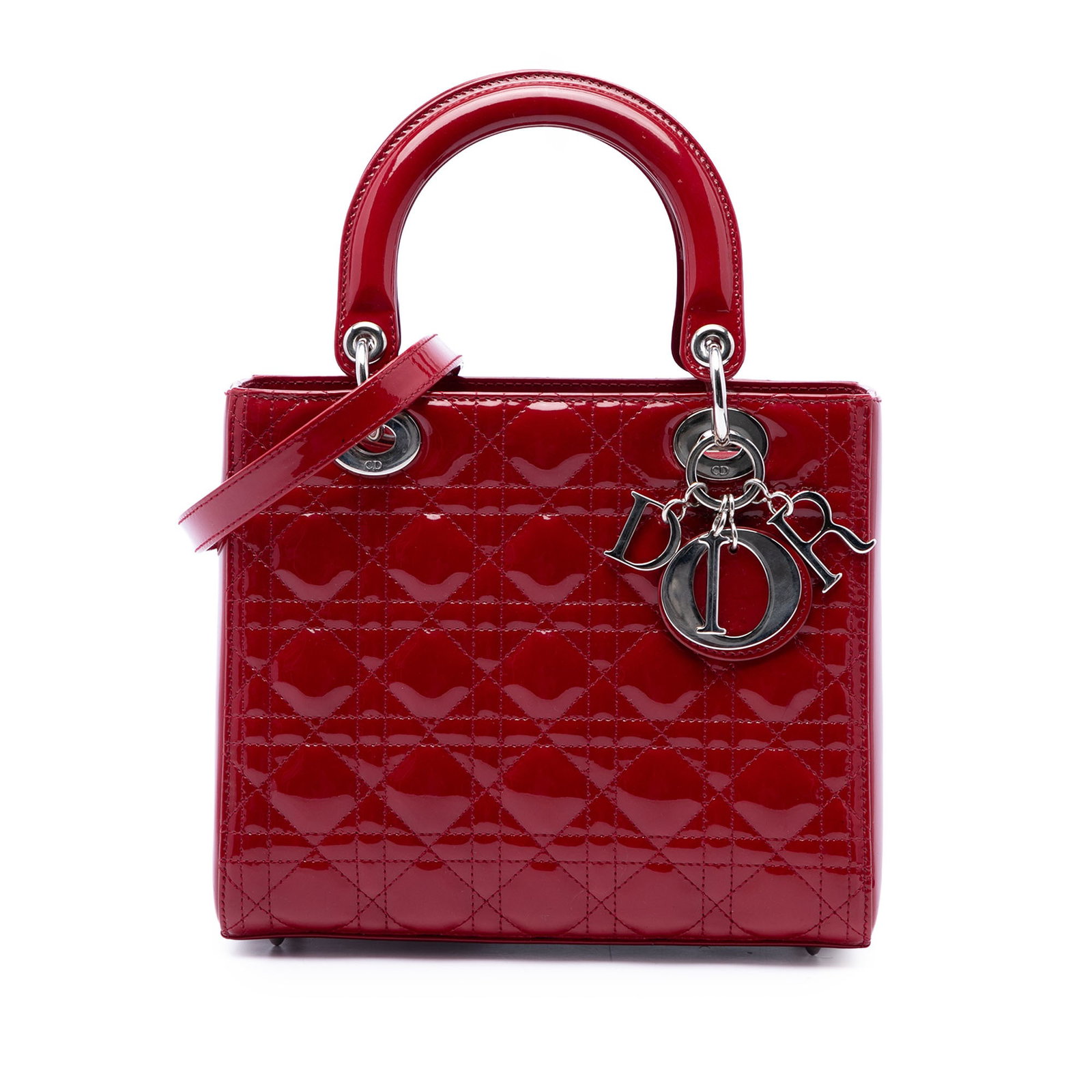 Dior Lady Dior Medium Cannage Patent Leather Handbag Red: Dior Lady Dior Medium Cannage Patent Leather Handbag Red Medium Lady Dior handbag in red patent leather with Cannage quilting. It features flat top handles, a detachable leather strap, a top zip closu