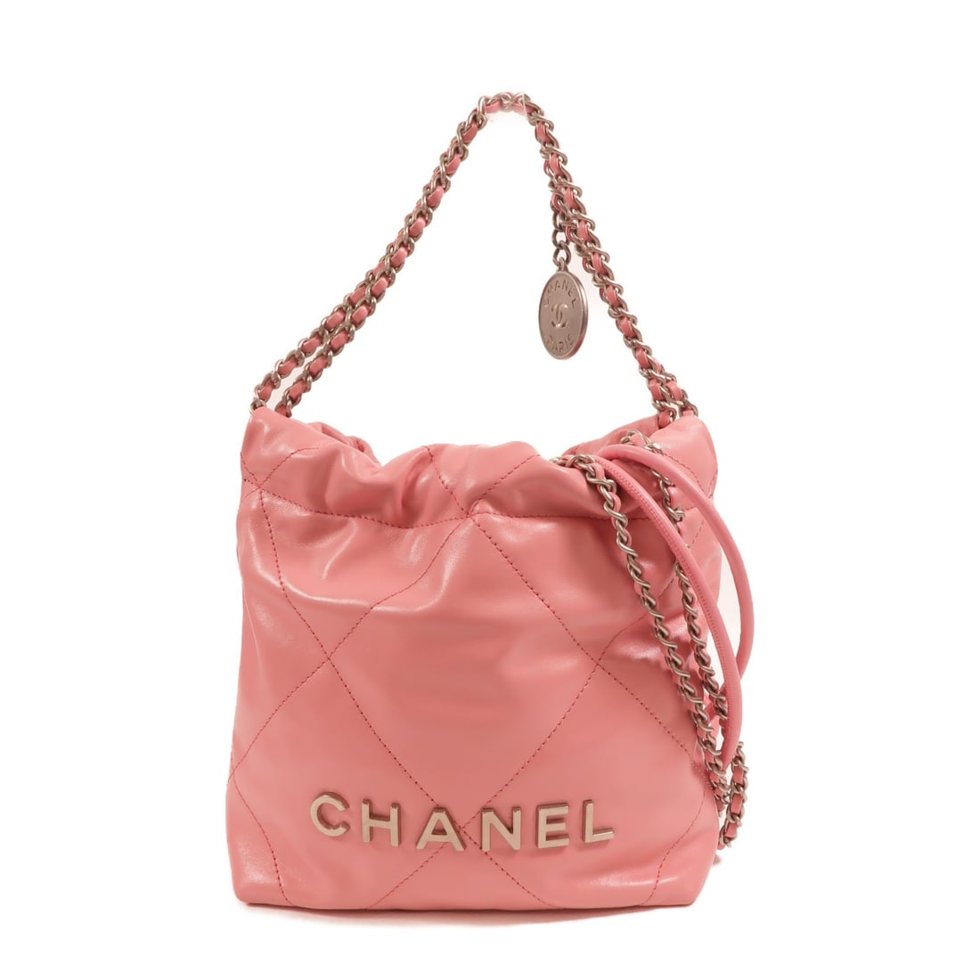 CHANEL Chanel 22 Mini 2Way Shoulder Bag Pink Calfskin CC SHW: CHANEL Chanel 22 Mini 2Way Shoulder Bag Pink Calfskin CC SHW Chanel Mini 22 2-way chain shoulder bag in pink calfskin leather with CC detailing and silver-tone hardware. Designed for women, this compa
