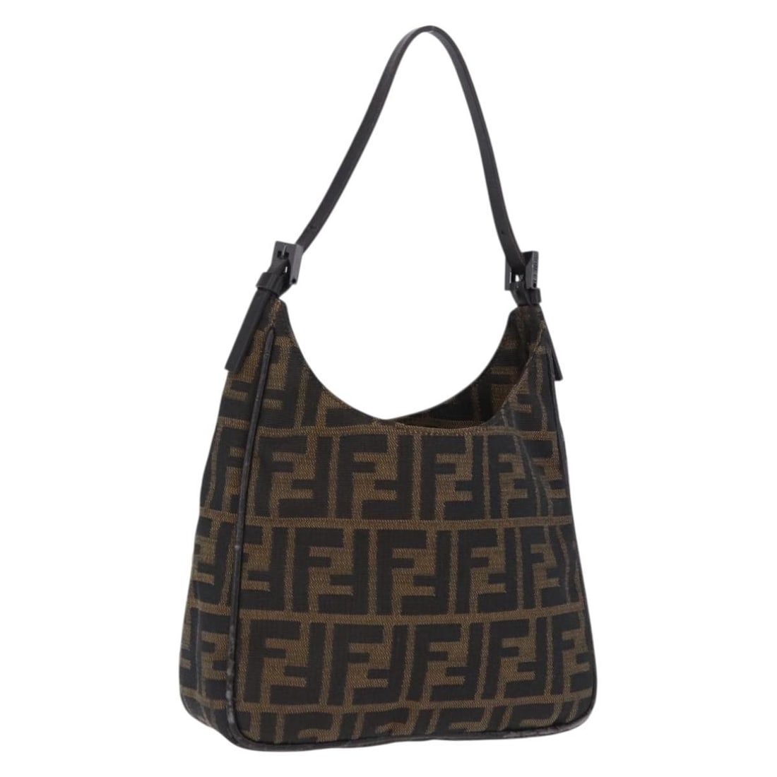 FENDI Zucca Canvas Hand Bag in Black Brown with Dust Bag: FENDI Zucca Canvas Hand Bag in Black Brown with Dust Bag Authentic Fendi handbag in black and brown Zucca canvas with a compact silhouette and single handle. Includes a dust bag. Condition is B with r