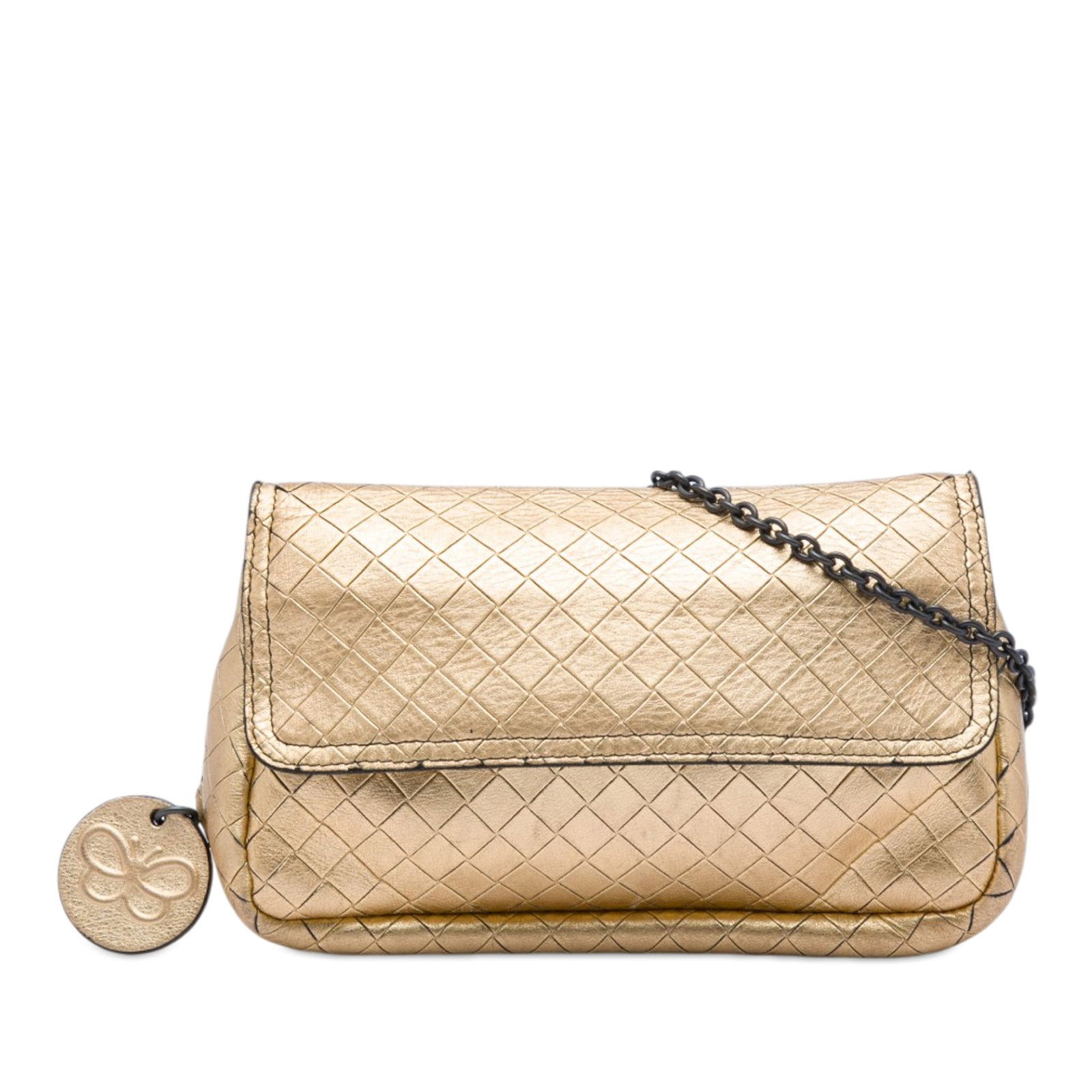 Bottega Veneta Intrecciomirage leather flap crossbody with chain strap: Bottega Veneta Intrecciomirage leather flap crossbody with chain strap A Bottega Veneta Nappa Intrecciomirage Chain Flap Crossbody crafted in leather with an embossed finish. This crossbody bag featur