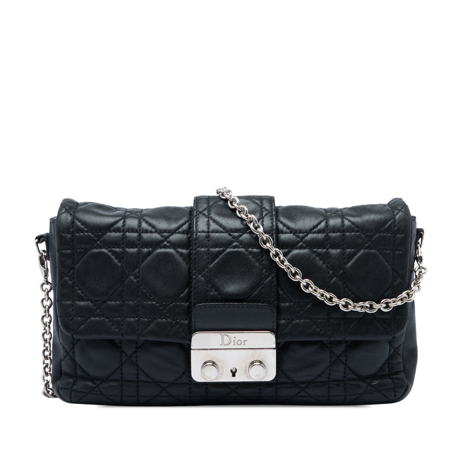 Dior New Lock Pouch Black Lambskin Cannage Crossbody Bag: Dior New Lock Pouch Black Lambskin Cannage Crossbody Bag A Dior Lambskin Cannage New Lock Pouch in black quilted lambskin leather. This crossbody bag features a detachable silver-tone chain strap, a f