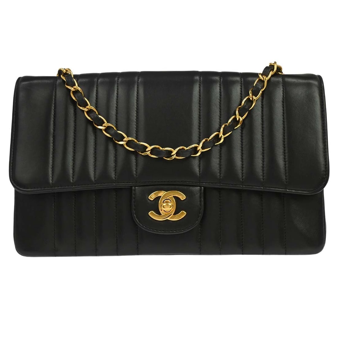 CHANEL Vertical Stitch Mademoiselle flap shoulder bag in black lambskin: CHANEL Vertical Stitch Mademoiselle flap shoulder bag in black lambskin Chanel Mademoiselle Single Flap shoulder bag in black lambskin leather with vertical stitch quilting and a turn-lock closure. Th