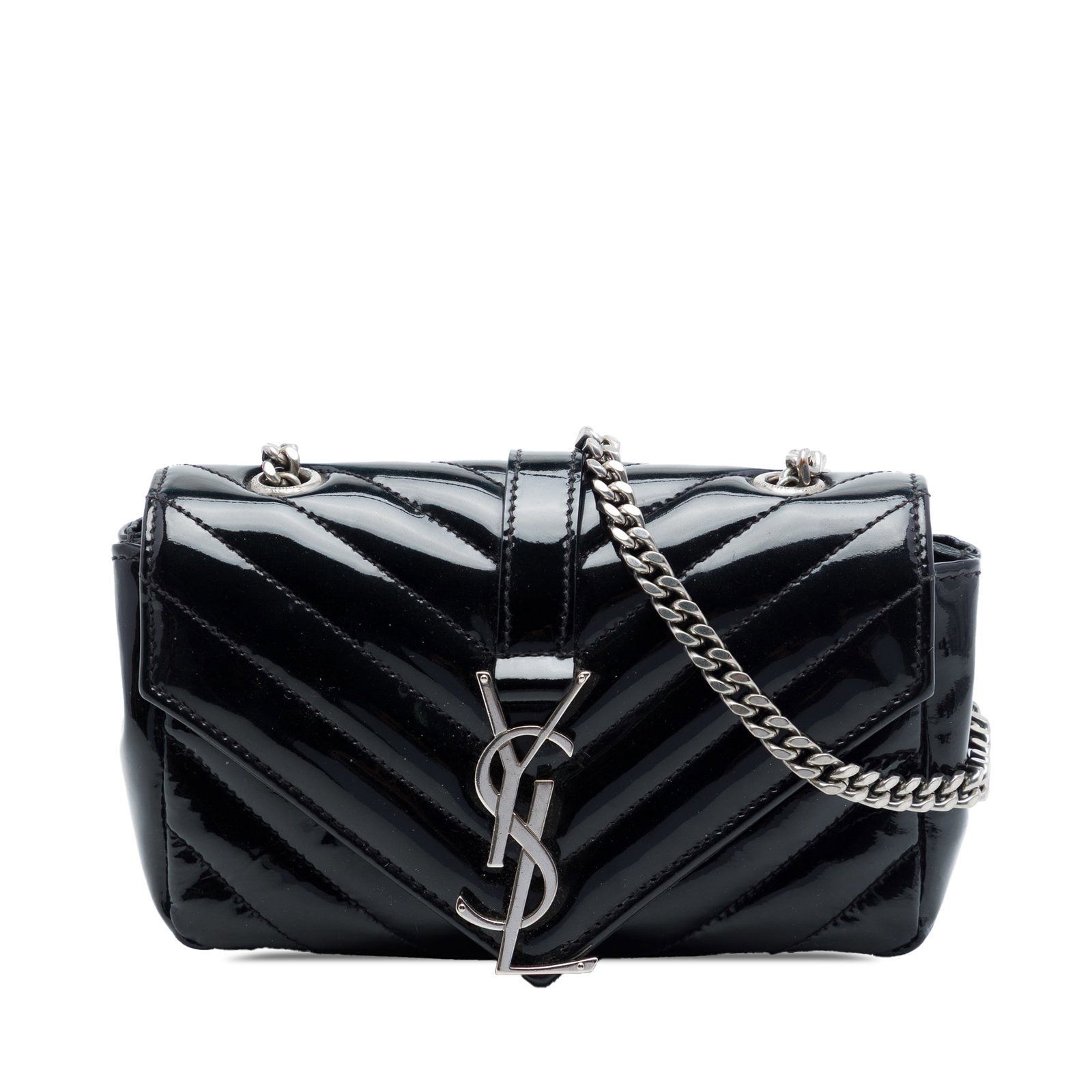 Saint Laurent Baby Chevron Patent Monogram Crossbody Bag Black: Saint Laurent Baby Chevron Patent Monogram Crossbody Bag Black Saint Laurent Baby Chevron Patent Classic Monogram Chain Bag crafted in black quilted patent leather. This crossbody style features a cha