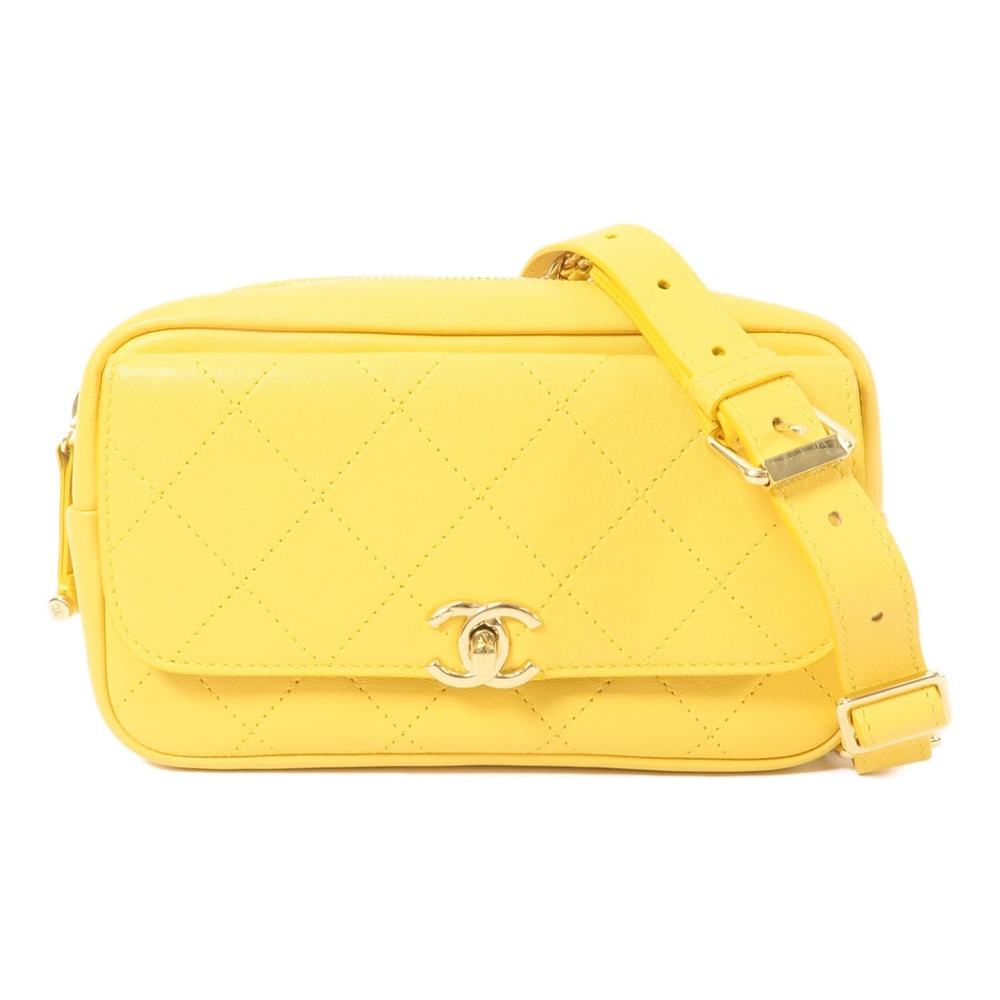 CHANEL CC Yellow Calfskin Waist Bag with GHW: CHANEL CC Yellow Calfskin Waist Bag with GHW Chanel CC waist bag in yellow calfskin leather with a compact hands-free design and multiple storage pockets. The bag includes one flap pocket and one open