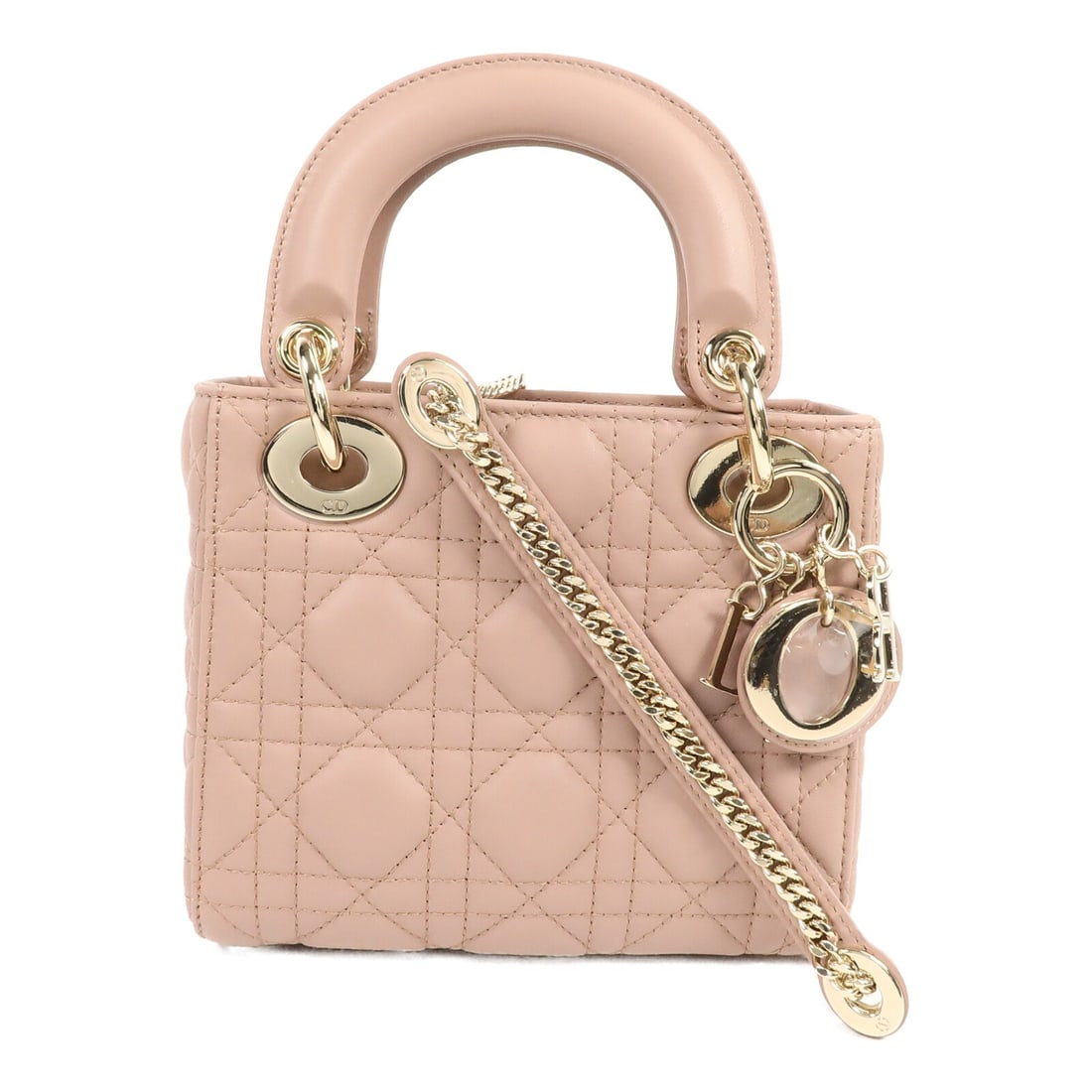 Dior Lady Dior Mini 2way Shoulder Bag Pink Calfskin M0505ONGE: Dior Lady Dior Mini 2way Shoulder Bag Pink Calfskin M0505ONGE Mini Lady Dior 2-way shoulder bag in pink calfskin with CD GHW styling. This women's bag includes a top handle and a shoulder strap for ha