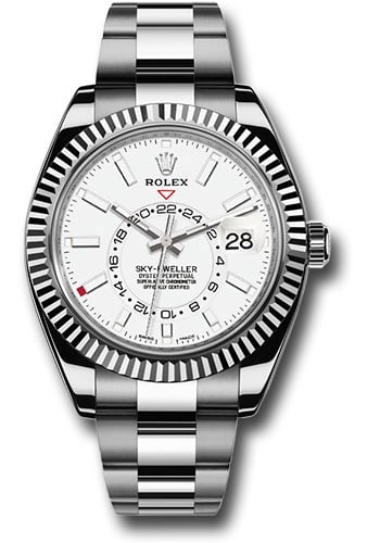 Rolex 326934 SkyDweller mens watch white index dial Oyster bracelet card: Rolex 326934 SkyDweller mens watch white index dial Oyster bracelet card Rolex Sky-Dweller wristwatch featuring a white index dial, rotating fluted bezel, and Oyster bracelet. This men's watch is refe