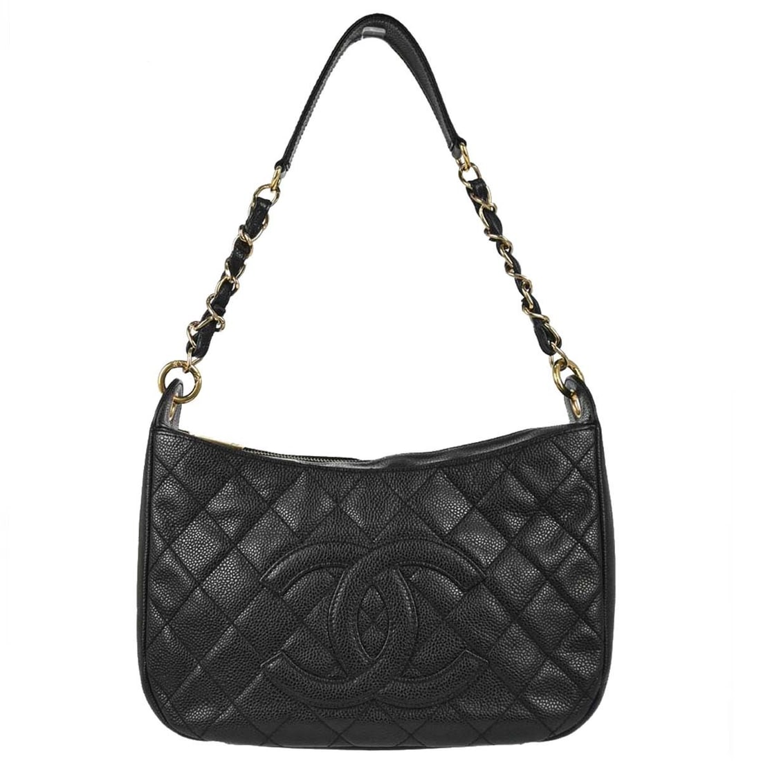 CHANEL Caviar Black Hobo Bag Calfskin Leather Medium: CHANEL Caviar Black Hobo Bag Calfskin Leather Medium Chanel hobo handbag in black caviar skin leather with a zip closure, top handle, and canvas lining. The bag features logo accents and includes one 