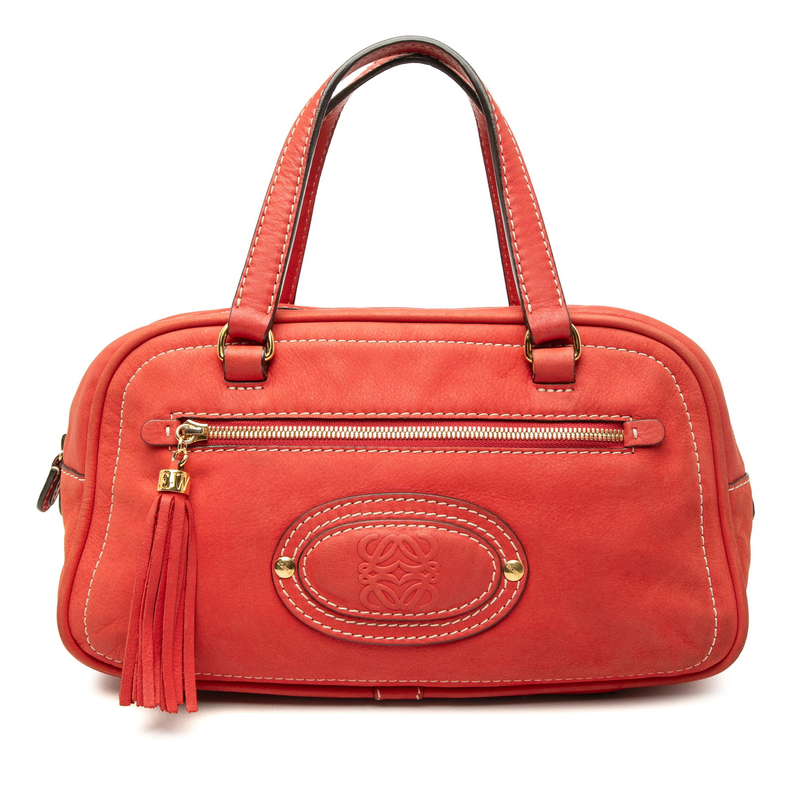 LOEWE Madrid Fringe Nubuck Leather Handbag Red Anagram: LOEWE Madrid Fringe Nubuck Leather Handbag Red Anagram A LOEWE Nubuck Anagram Madrid Fringe handbag in red leather with a zip-top closure and a functional pocket layout. It features flat leather handl