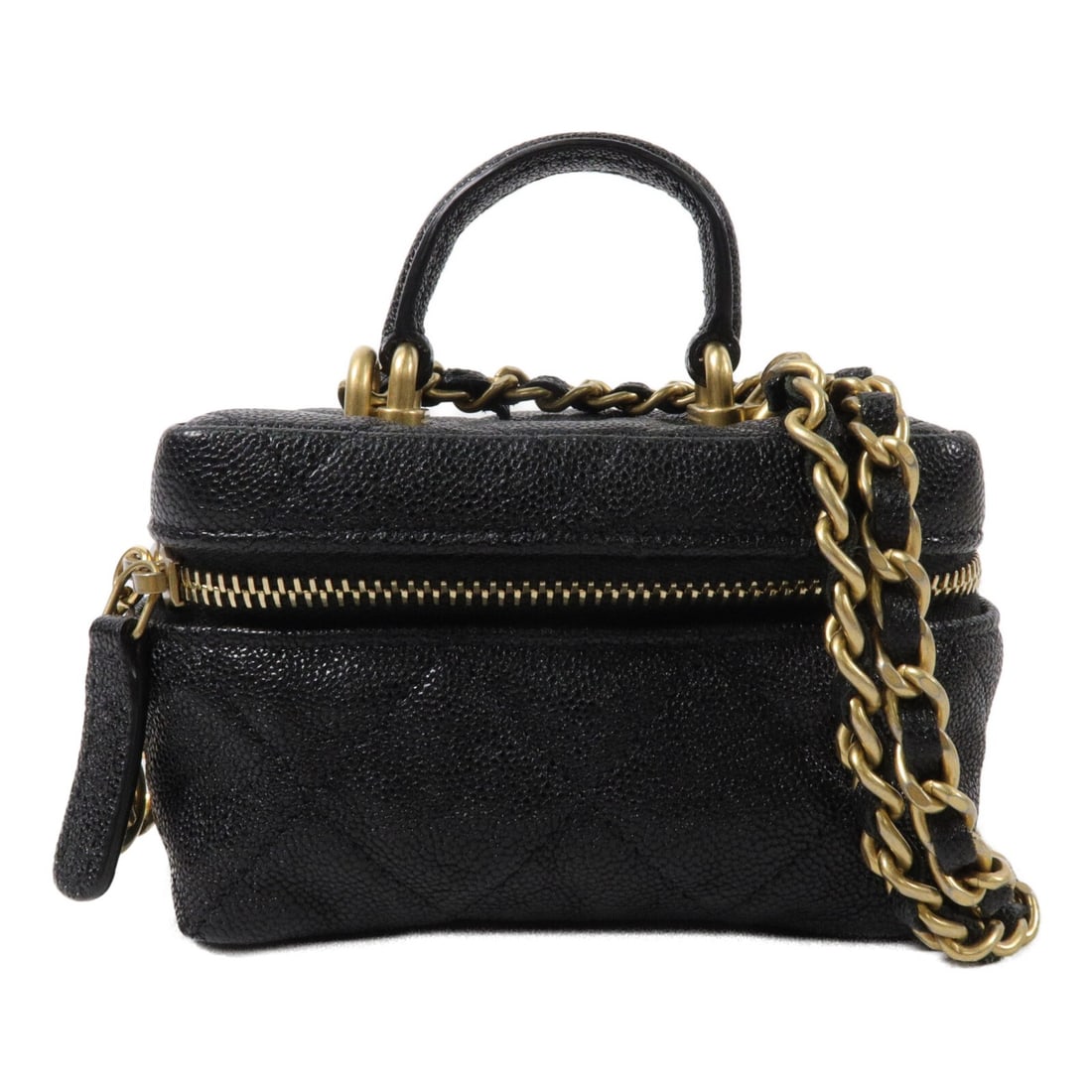 CHANEL AP2194 Mini Vanity Case 2way Shoulder Bag Black Calfskin: CHANEL AP2194 Mini Vanity Case 2way Shoulder Bag Black Calfskin A CHANEL mini vanity case chain shoulder bag in black calfskin leather with gold-tone hardware. It features a chain shoulder strap and a