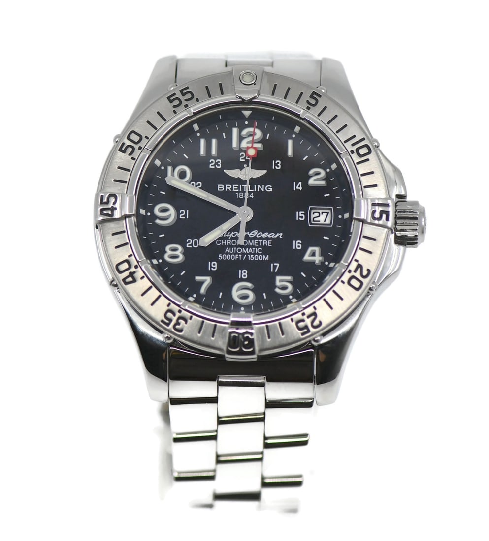 Breitling A17360 Superocean men's stainless steel wristwatch with box: Breitling A17360 Superocean men's stainless steel wristwatch with box Breitling Superocean wristwatch with a polished stainless steel case and matching stainless steel bracelet. This men's automatic w