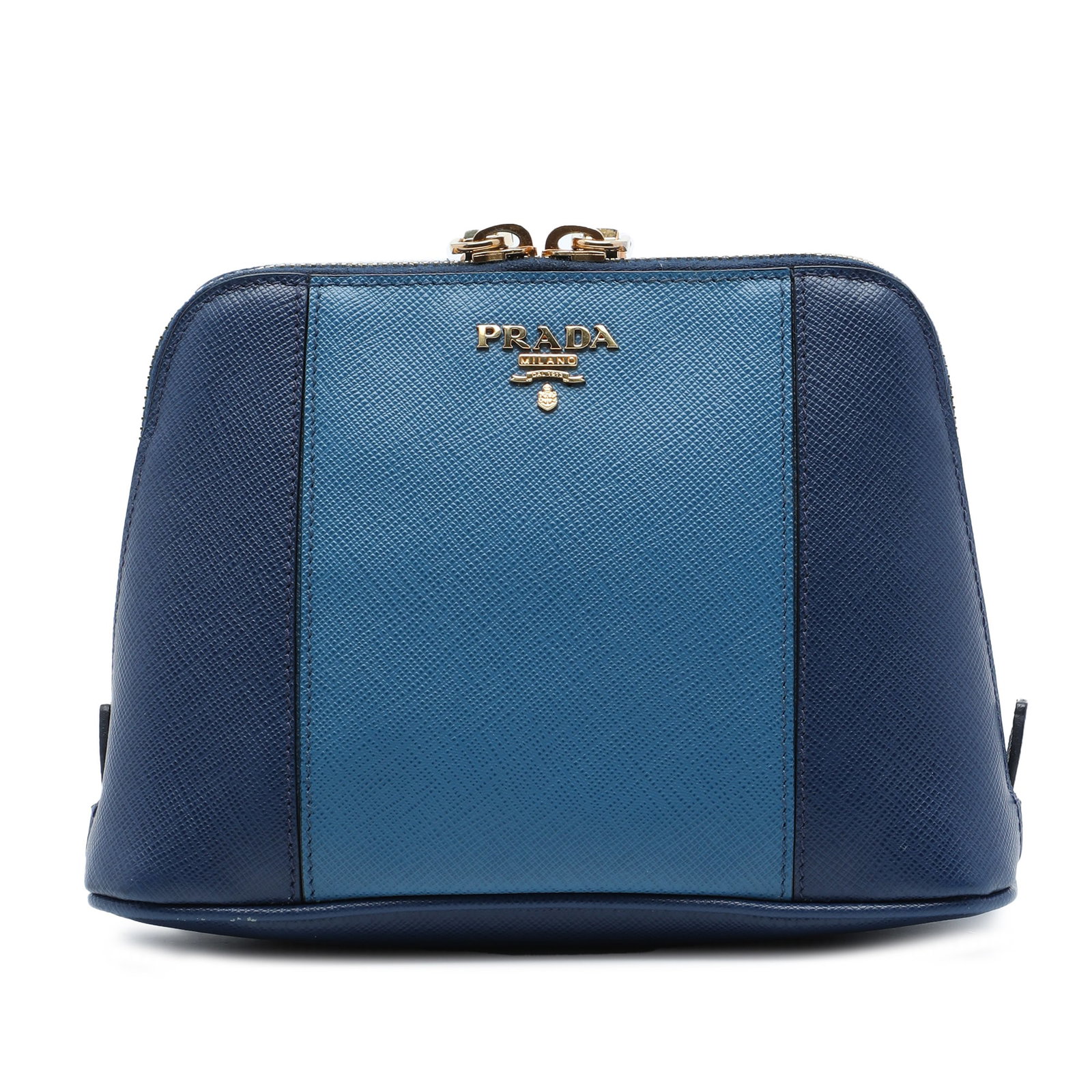 Prada Bicolor Dome Clutch in Blue Saffiano Leather: Prada Bicolor Dome Clutch in Blue Saffiano Leather Prada Bicolor Saffiano Dome Clutch crafted in leather with a structured dome silhouette. It features a top zip closure, an interior zip pocket, and c