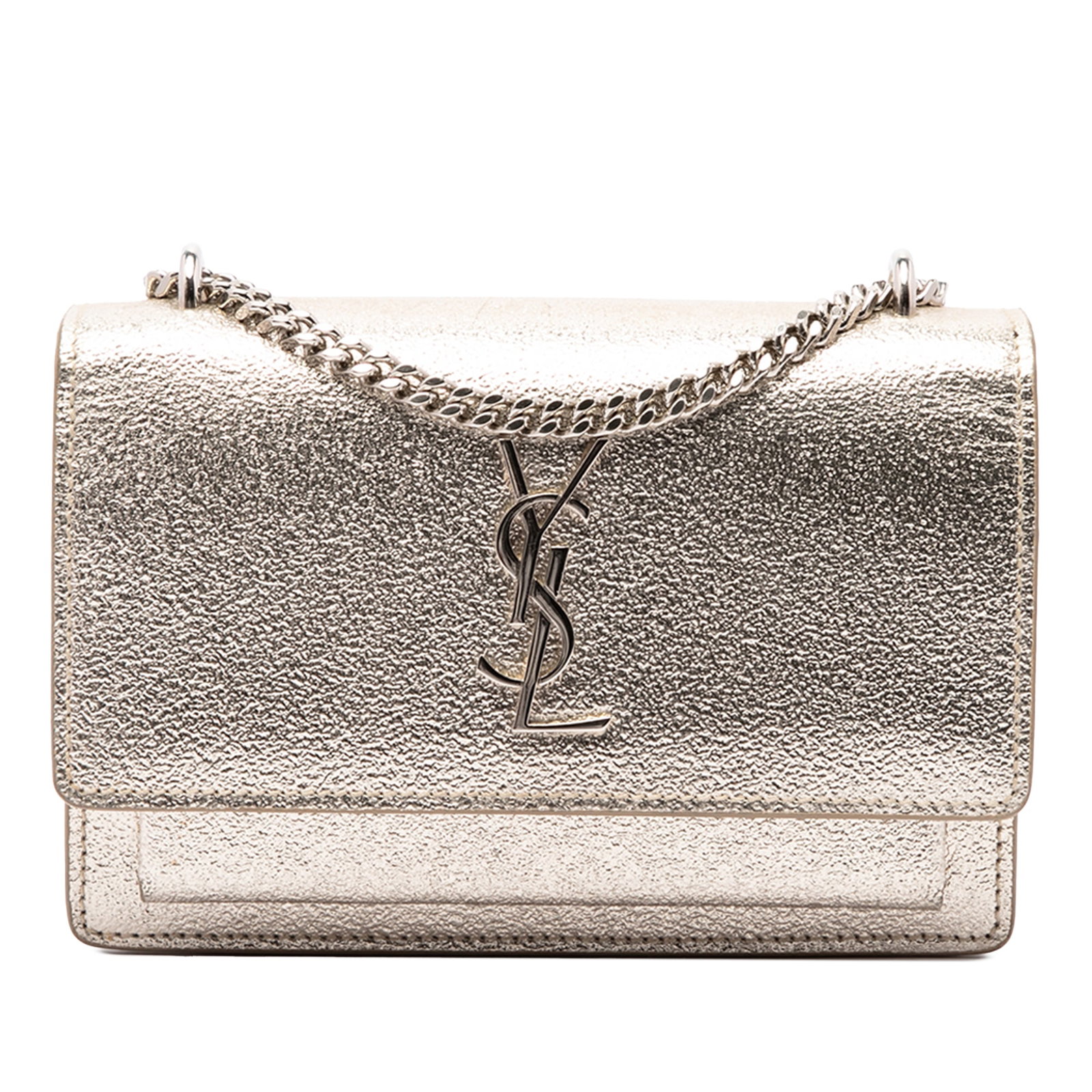 Saint Laurent Sunset Monogram Mini Metallic Calfskin Chain Wallet: Saint Laurent Sunset Monogram Mini Metallic Calfskin Chain Wallet A compact Saint Laurent wallet on chain crafted in metallic calfskin leather. This Mini Monogram Sunset style features a chain link st