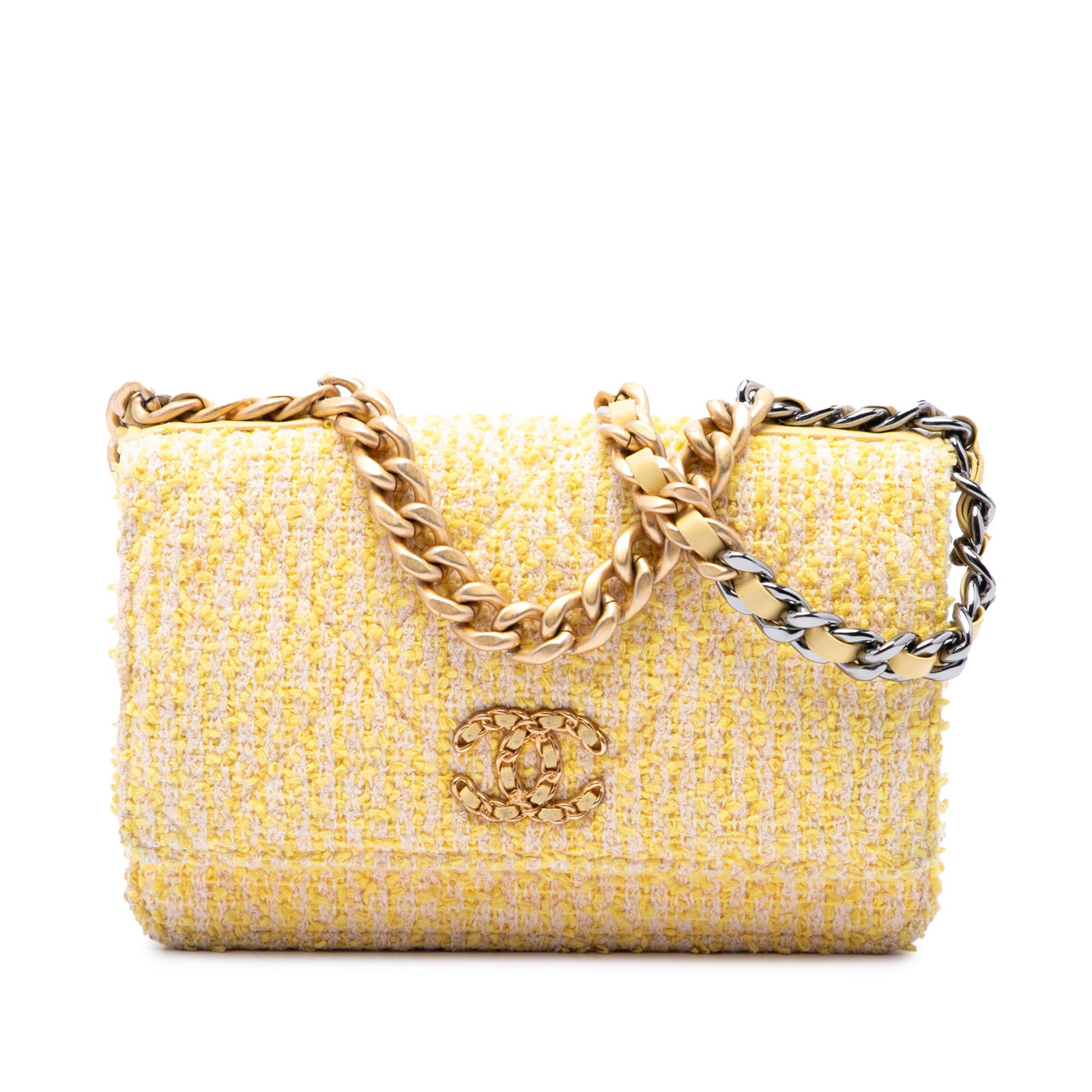 Chanel Tweed 19 Wallet on Chain Yellow Fabric Bag: Chanel Tweed 19 Wallet on Chain Yellow Fabric Bag This Chanel 19 Wallet on Chain is crafted in yellow tweed with a front flap and snap button closure. It features a gold-tone chain link handle, a leat