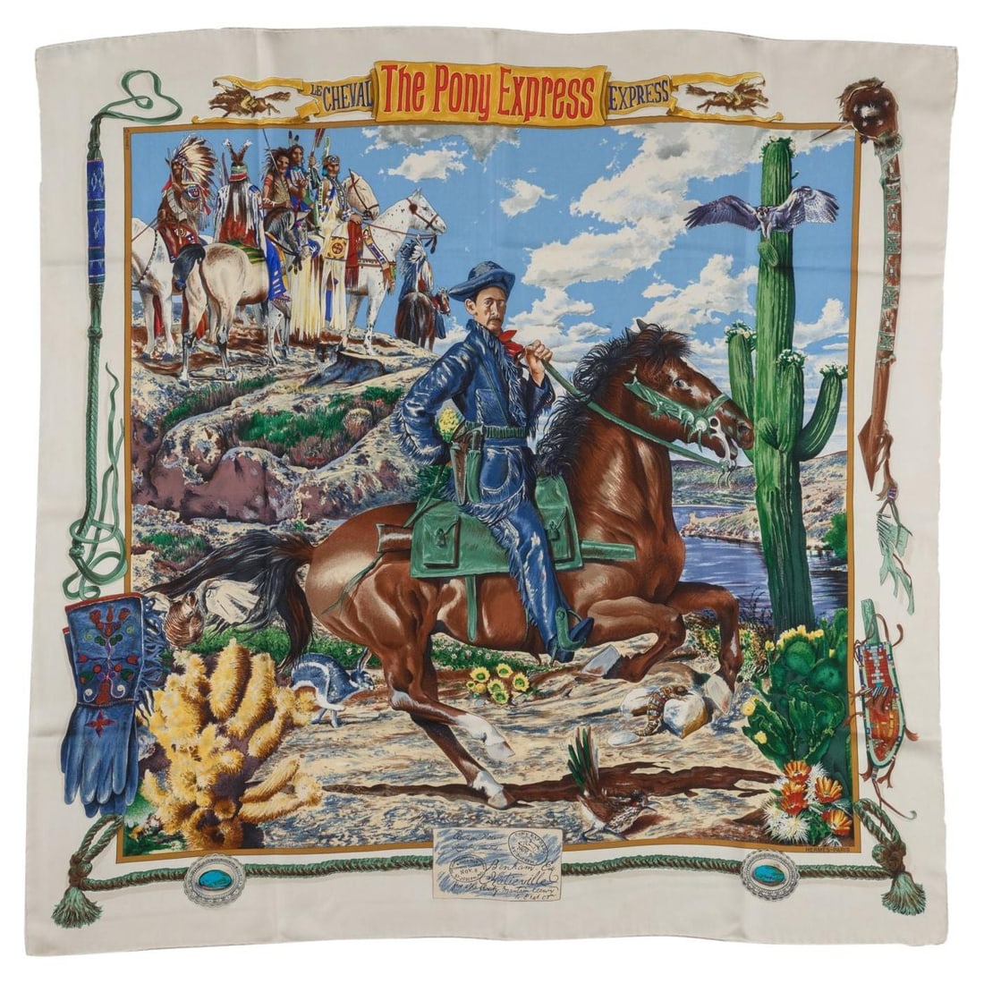 Hermes Pony Express 100% Silk Scarf 35 in White: Hermes Pony Express 100% Silk Scarf 35 in White Hermes "Pony Express" collectible scarf in white, crafted from 100% silk and designed by Kermit Oliver. Finished with hand-rolled edges, this piece is i