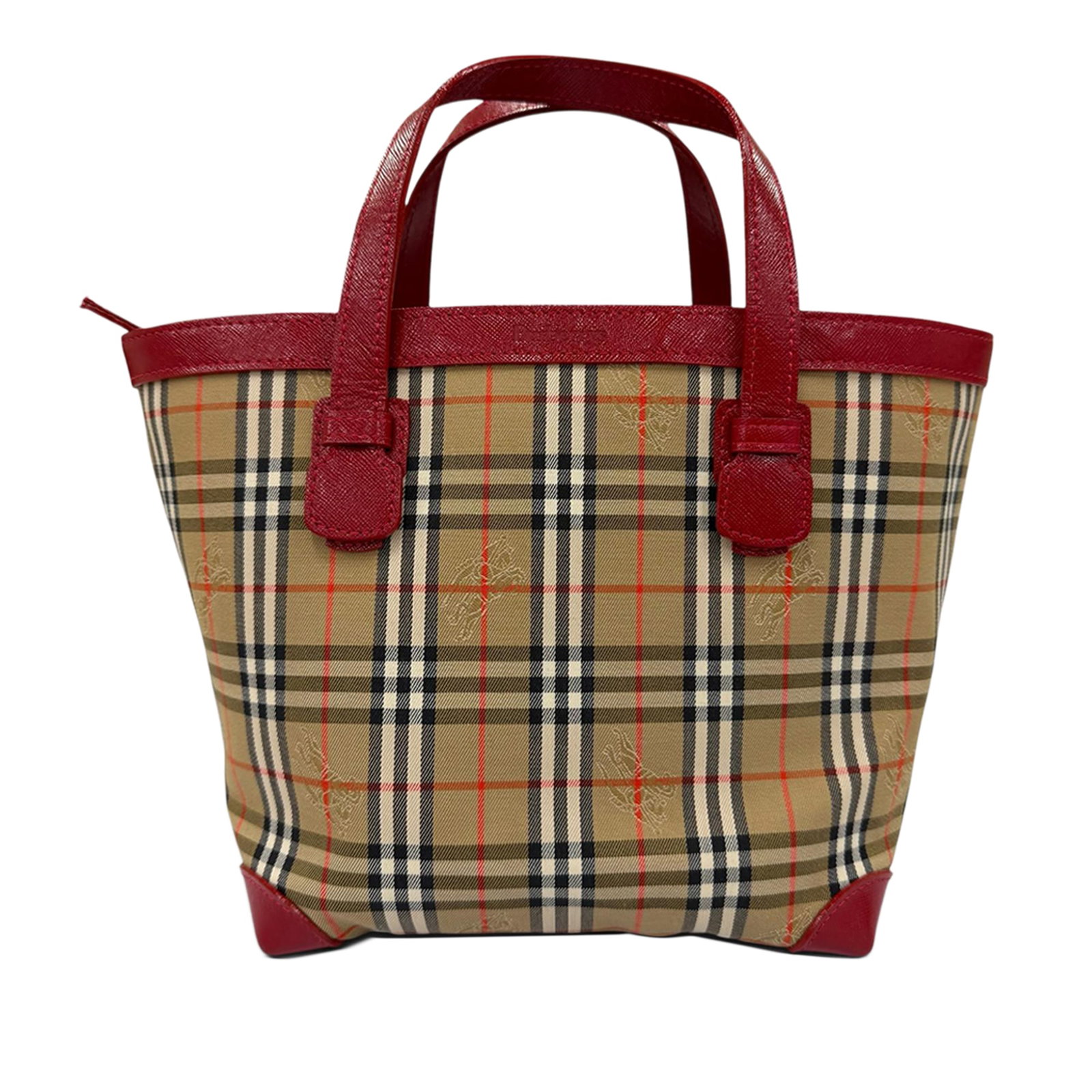 Burberry Haymarket Check Tote Bag Canvas with Leather Trim: Burberry Haymarket Check Tote Bag Canvas with Leather Trim Burberry Haymarket Check canvas tote with leather trim and flat leather shoulder straps. The open-top design includes an interior zip compart