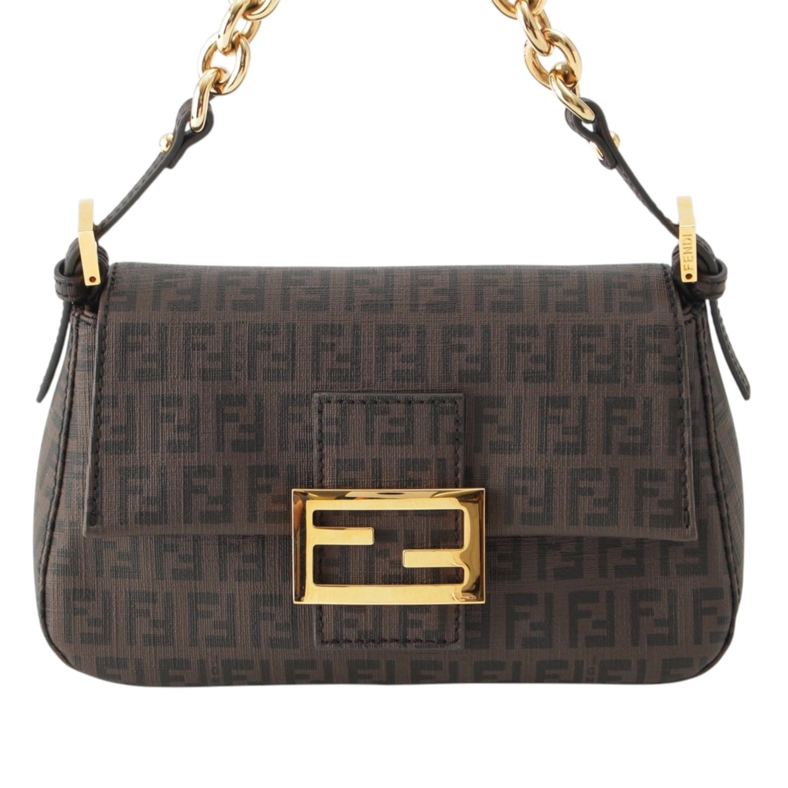 Fendi Mini Zucchino Spalmati Mamma Forever Chain Shoulder Bag: Fendi Mini Zucchino Spalmati Mamma Forever Chain Shoulder Bag Compact and practical, this Fendi Mini Zucchino Spalmati Chain Mamma Forever shoulder bag features a PVC body, a gold-tone shoulder chain,