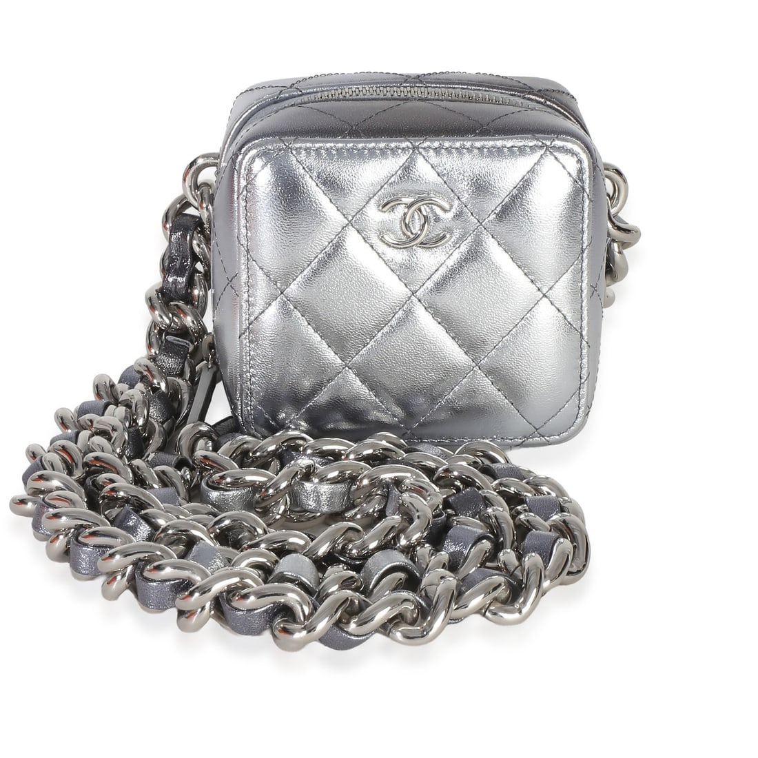 Chanel Coco Punk Clutch With Chain Metallic Silver Lambskin Bag: Chanel Coco Punk Clutch With Chain Metallic Silver Lambskin Bag Chanel Coco Punk Clutch With Chain in metallic silver quilted lambskin. This pre-owned unisex bag features a zip-around closure, silver-