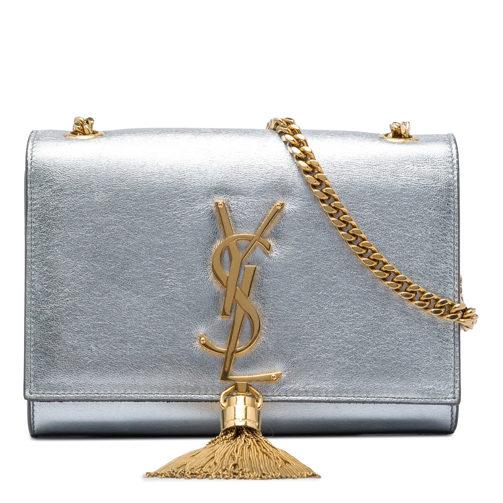 Saint Laurent Kate Tassel Crossbody Small Metallic Calfskin Silver: Saint Laurent Kate Tassel Crossbody Small Metallic Calfskin Silver A Saint Laurent Small Metallic Calfskin Monogram Kate Tassel Crossbody in silver leather. This bag features a metallic leather body, 
