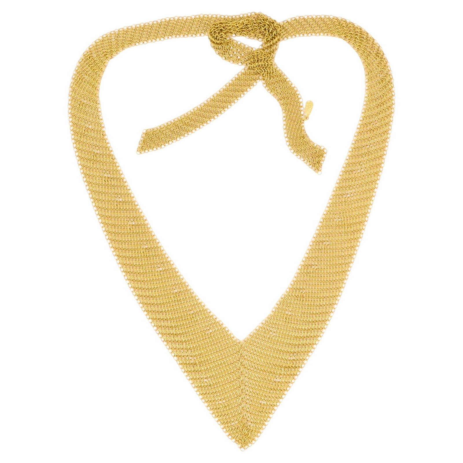 Tiffany Co Elsa Peretti Mesh Bib Scarf Necklace in 18k Gold: Tiffany Co Elsa Peretti Mesh Bib Scarf Necklace in 18k Gold Vintage Tiffany & Co. Elsa Peretti scarf necklace in 18k gold from the Mesh Collection. It features a wide, tapered woven mesh silhouette wi