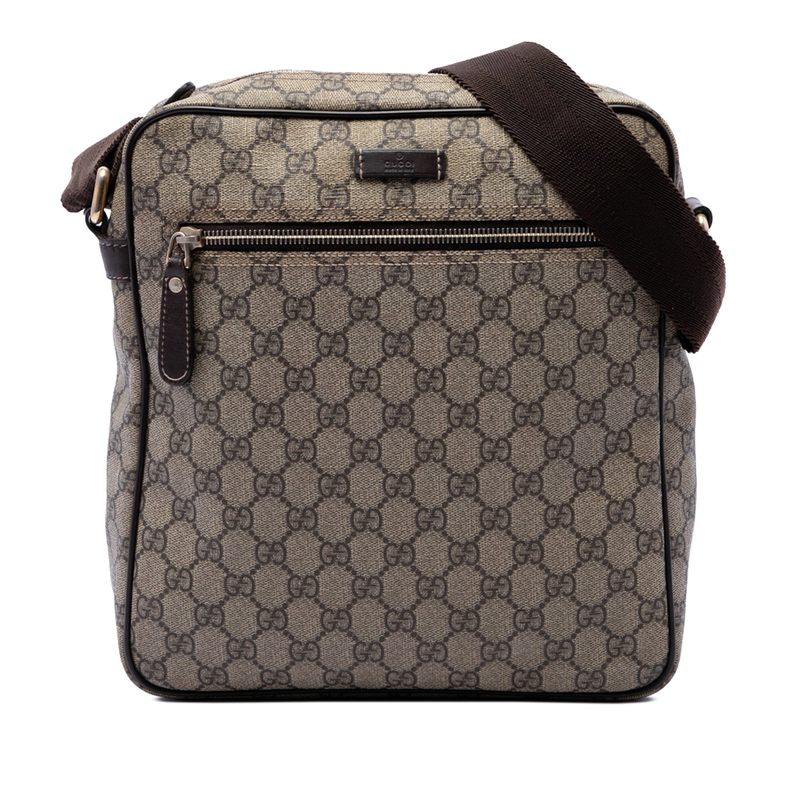 Gucci GG Supreme Beige Coated Canvas Crossbody Bag: Gucci GG Supreme Beige Coated Canvas Crossbody Bag Gucci GG Supreme crossbody bag in beige with a coated canvas body and leather trim. The design includes an adjustable flat strap, top zip closure, ex