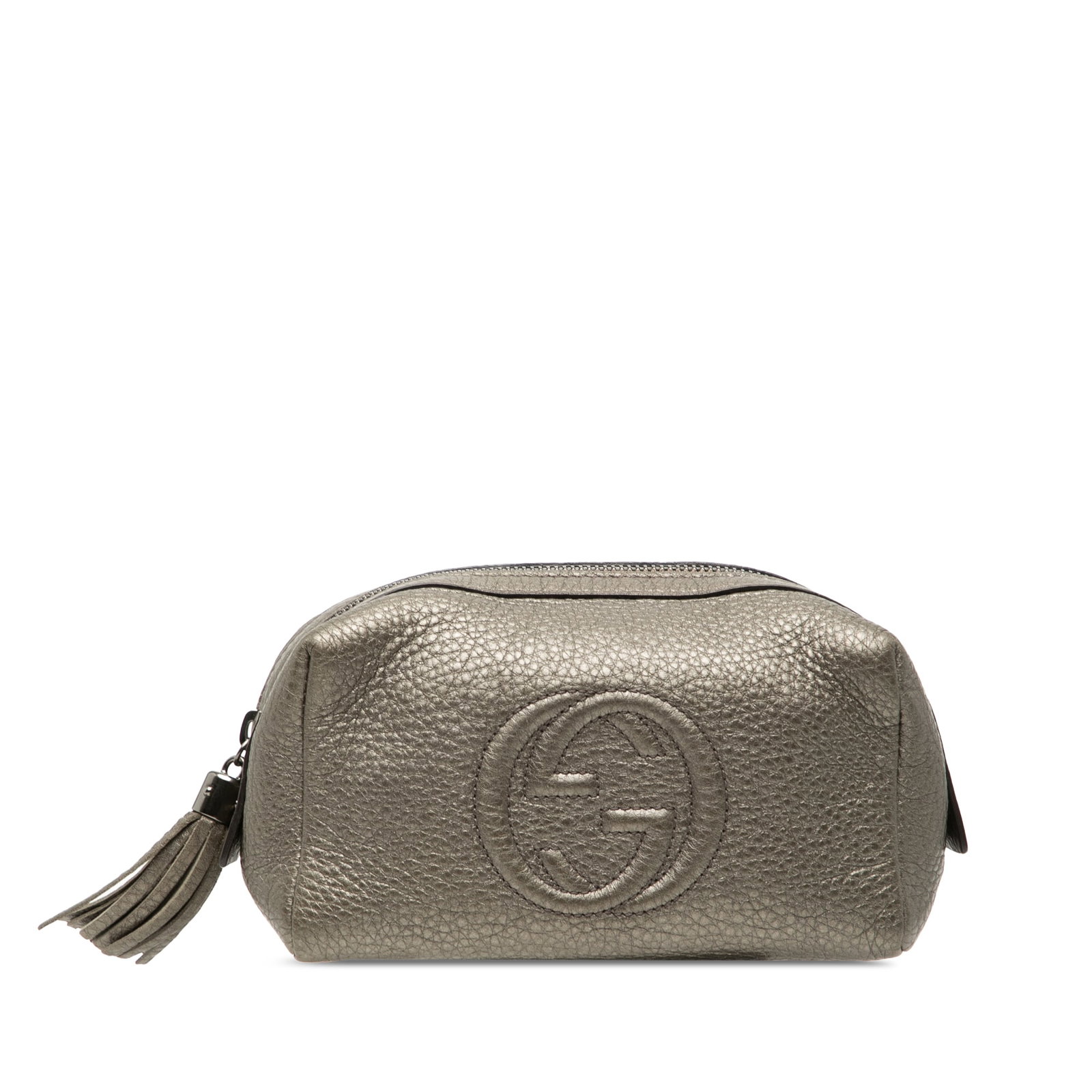 Gucci Soho Gray Metallic Leather Pouch with Tassel Zip: Gucci Soho Gray Metallic Leather Pouch with Tassel Zip This Gucci Metallic Leather Soho Cosmetic Pouch features a sleek gray leather body with a metallic finish. It is designed with a top zip closure 