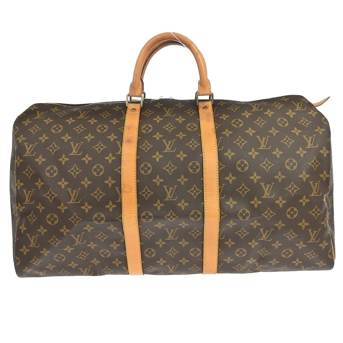 Louis Vuitton Keepall 55 Monogram Duffle Bag M41424: Louis Vuitton Keepall 55 Monogram Duffle Bag M41424 Vintage Louis Vuitton Keepall 55 travel handbag in Monogram canvas with leather trim and double handles. This extra large duffle-style bag features 