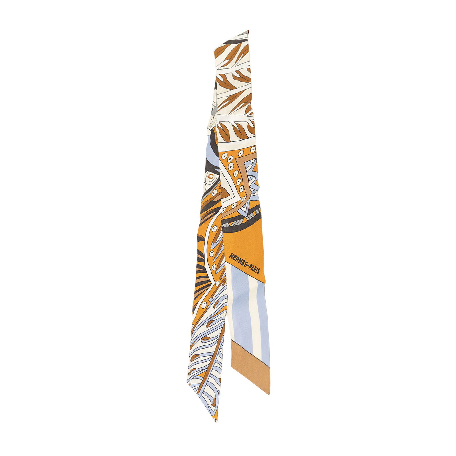 Hermes Le Jardin De La Maharani Silk Twilly: Hermes Le Jardin De La Maharani Silk Twilly Hermes Le Jardin De La Maharani silk twilly scarf with a printed design on 100% silk. Made in France. Condition is B+ with cut stitching on the exterior and