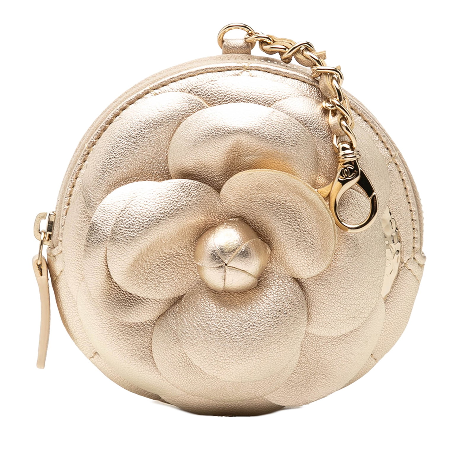 Chanel Camellia Bouquet Mini CC Round Zip Coin Pouch Metallic Lambskin: Chanel Camellia Bouquet Mini CC Round Zip Coin Pouch Metallic Lambskin Round zip coin pouch in metallic lambskin leather with Camellia Bouquet detailing. It features a top zip closure and an interior 
