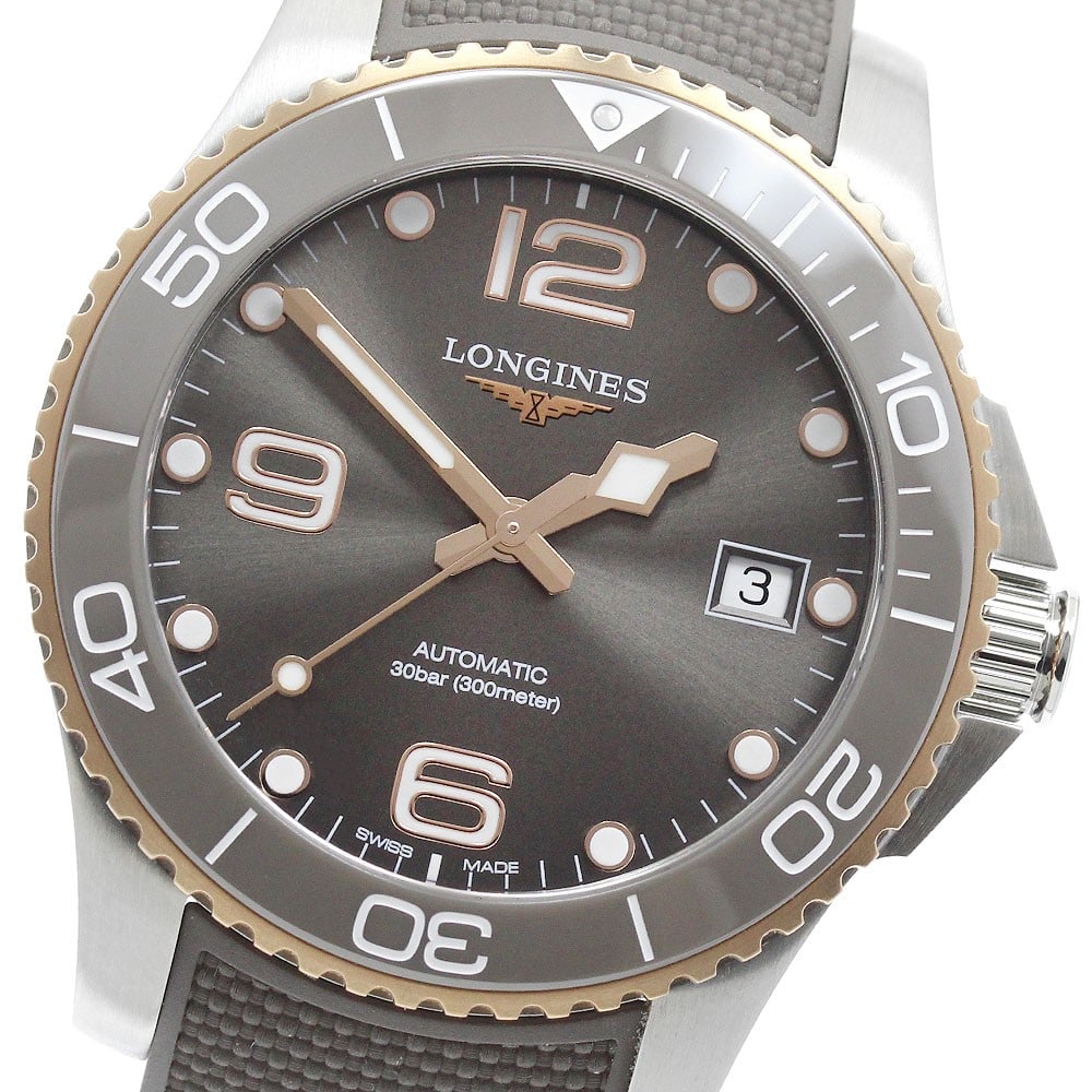 Longines HydroConquest automatic mens date wristwatch ref L3.780.3.78.9: Longines HydroConquest automatic mens date wristwatch ref L3.780.3.78.9 Longines HydroConquest Date automatic men's wristwatch with a gray dial, stainless steel and gold-plated case, and rubber strap.