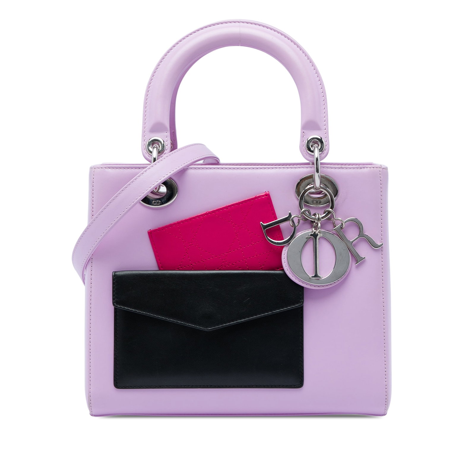 Dior Lady Dior Medium Purple Calfskin Handbag with Strap: Dior Lady Dior Medium Purple Calfskin Handbag with Strap A Medium Lady Dior bag crafted in purple calfskin leather with a structured silhouette. It features flat leather top handles, a detachable flat