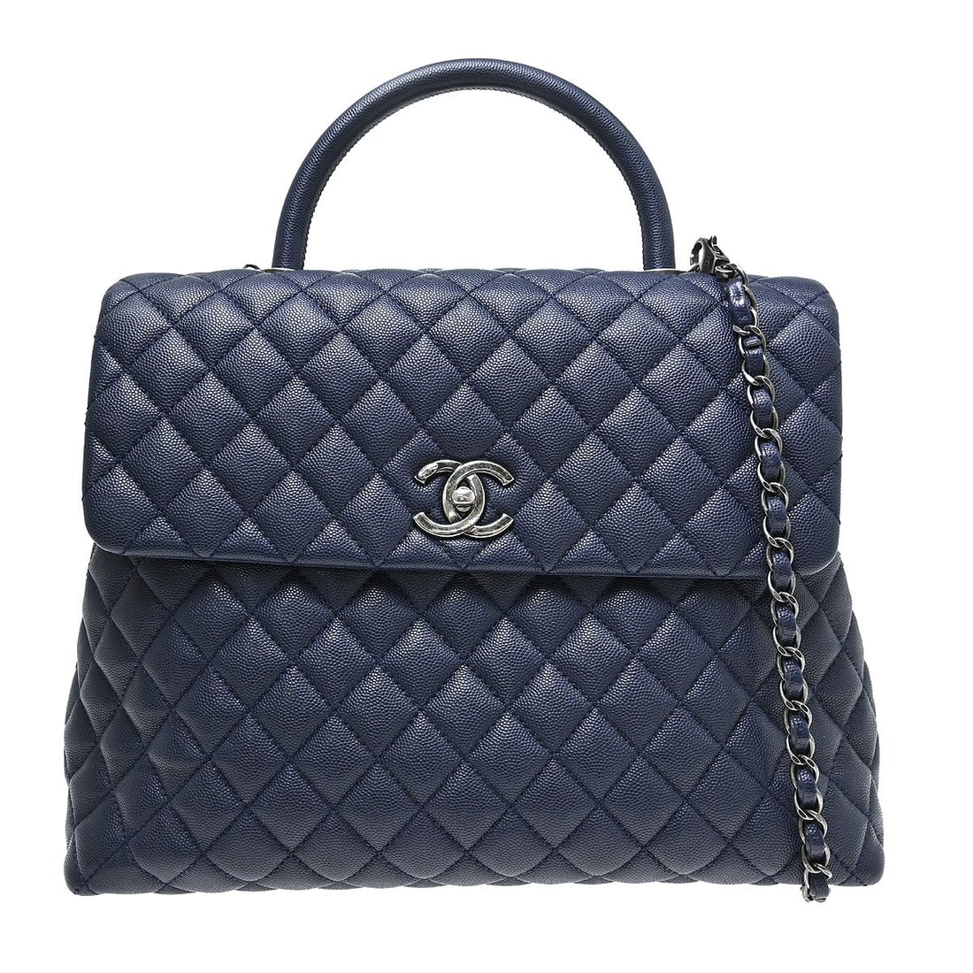 CHANEL 2way Top Handle Bag Blue Calfskin with Shoulder Strap: CHANEL 2way Top Handle Bag Blue Calfskin with Shoulder Strap Chanel blue calfskin top handle 2way handbag with turn-lock closure and leather lining. This medium handbag features a structured top handl