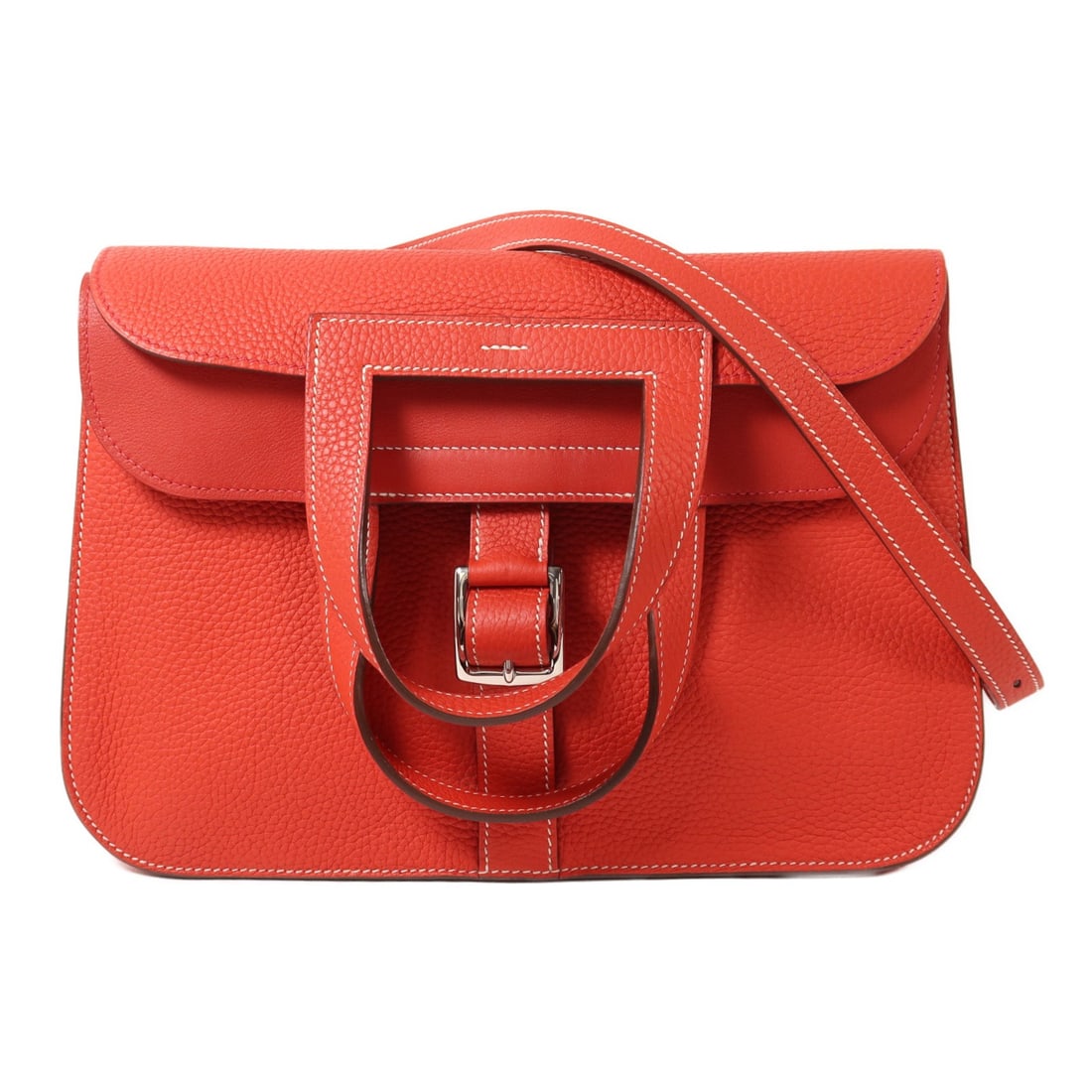 Hermes Halzan 31 Taurillon Clemence 2 Way Shoulder Bag Rouge Tomato PHW: Hermes Halzan 31 Taurillon Clemence 2 Way Shoulder Bag Rouge Tomato PHW A Hermes Halzan 31 2-way shoulder bag in Rouge Tomato red, crafted from Taurillon Clemence leather and calfskin. This women's ba