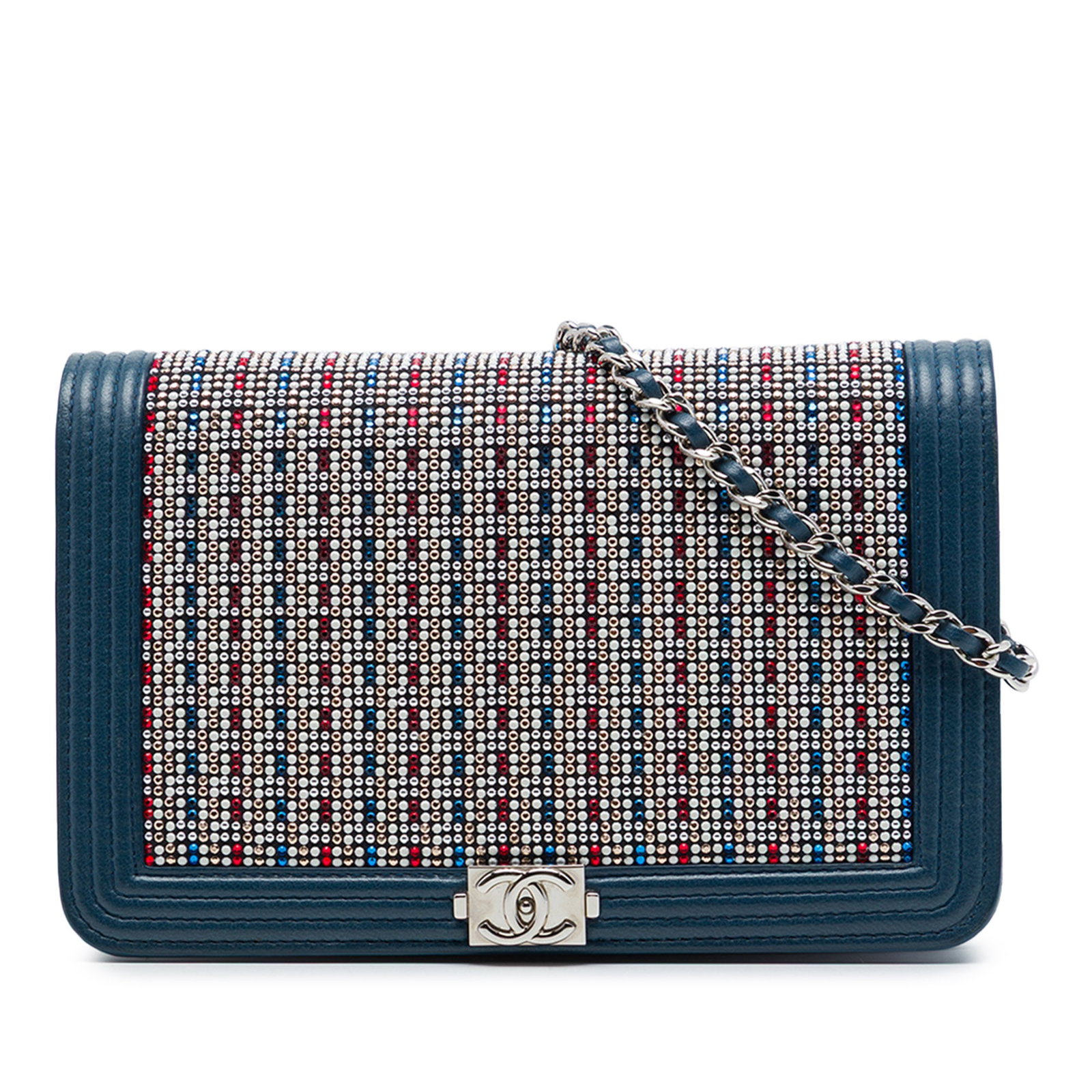 Chanel Boy Wallet On Chain Blue Lambskin with Crystal Embellishments: Chanel Boy Wallet On Chain Blue Lambskin with Crystal Embellishments A Chanel Boy wallet on chain crafted in blue lambskin leather with crystal embellishments. This compact shoulder bag features a lea