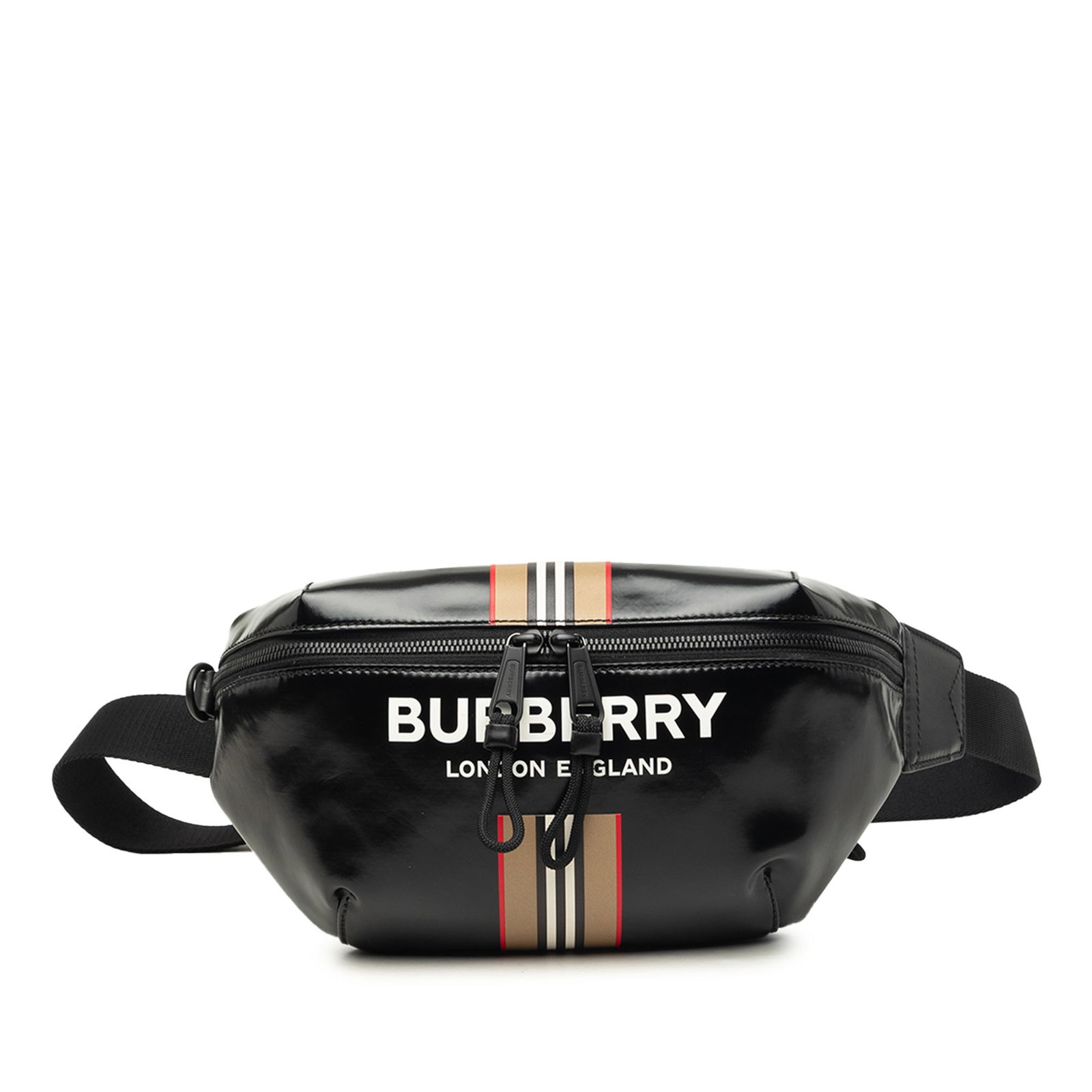 Burberry Sonny Belt Bag in Black Coated Canvas Icon Stripe: Burberry Sonny Belt Bag in Black Coated Canvas Icon Stripe A Burberry Sonny belt bag in coated canvas with the Icon Stripe design. This waist bag features an adjustable flat canvas strap, a front zip 