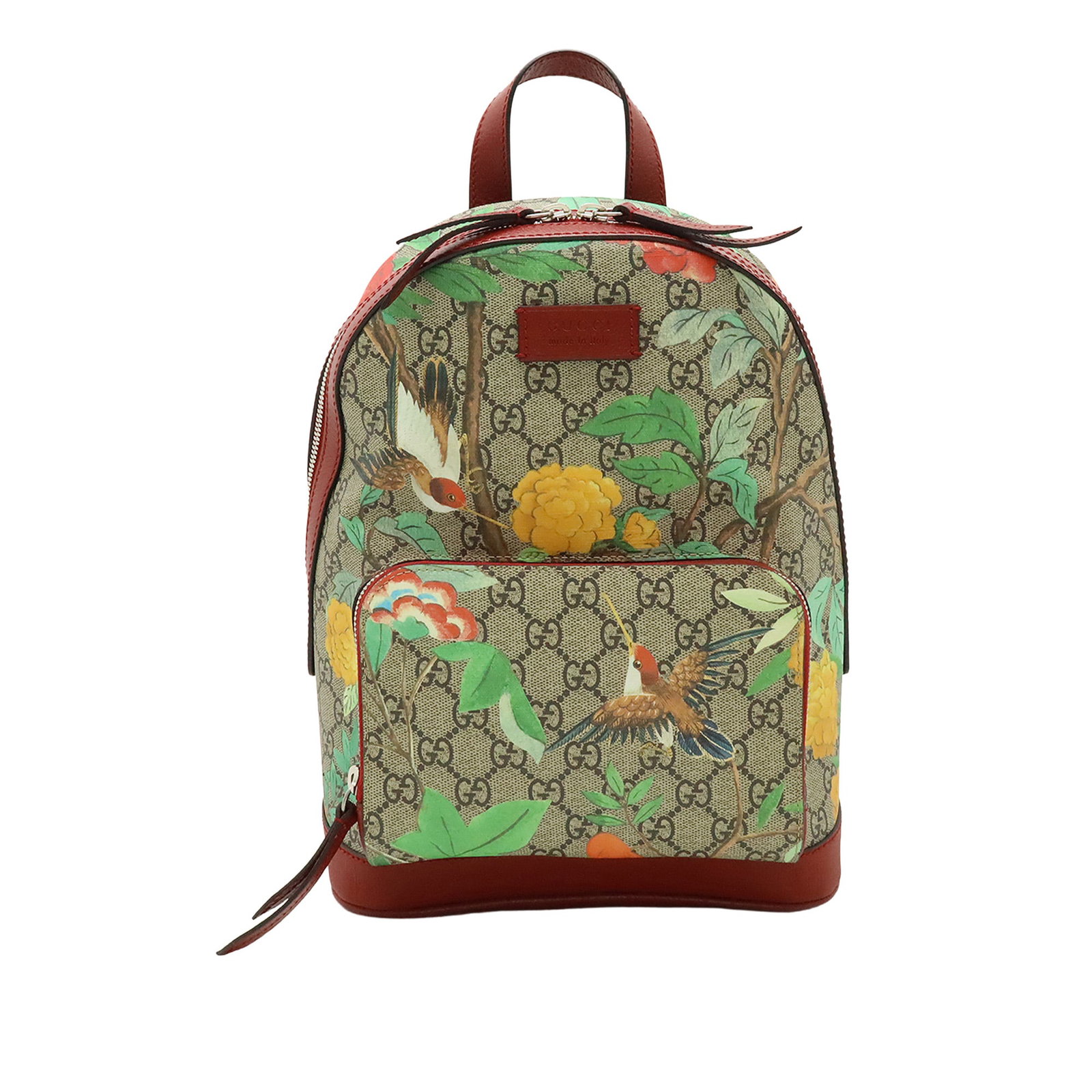 Gucci Tian Small Backpack in GG Supreme Canvas: Gucci Tian Small Backpack in GG Supreme Canvas A Gucci Small GG Supreme Web Tian backpack in beige with a printed coated canvas body and leather trim. This backpack features a flat leather top handle,
