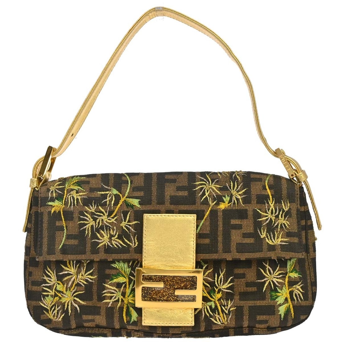 Fendi Baguette Shoulder Bag Brown Zucca Canvas Palm Tree Embroidery: Fendi Baguette Shoulder Bag Brown Zucca Canvas Palm Tree Embroidery Fendi Zucca Baguette handbag in brown canvas with palm tree embroidery and leather trim. This medium shoulder bag features a magneti